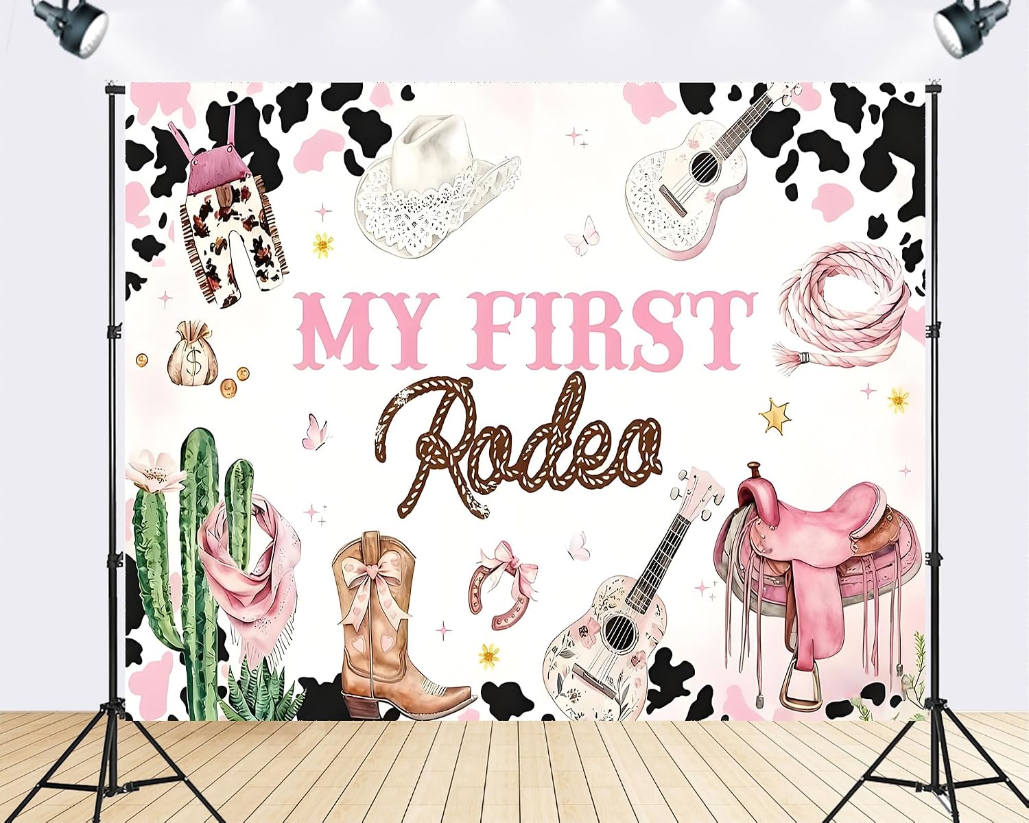 Trykid 20x10ft My First Rodeo Birthday Backdrop Western Cowgirl Pink Cow Cactus Saddle Guitar Photography Background Kids Party Decoration Photoshoot Studio Props Fabric
