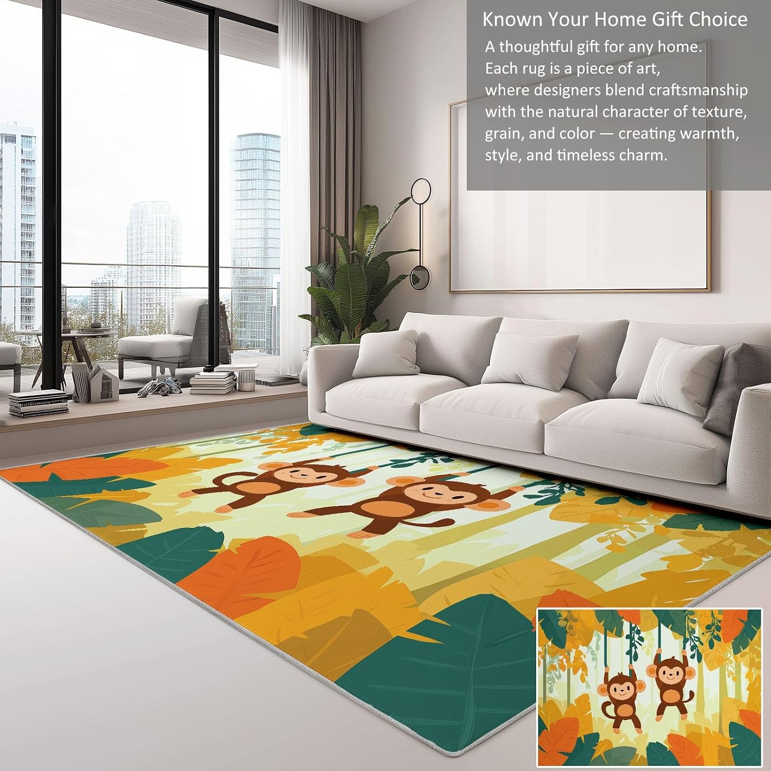 Cartoon Plants Leaves Monkey Print Area Rug 5 x 7 ft Washable, Orange Non-Slip Floor Mat - Soft Low-Plie Faux Wool Carpet for Bedroom Living Room Kitchen Entryway Pet Friendly Rug
