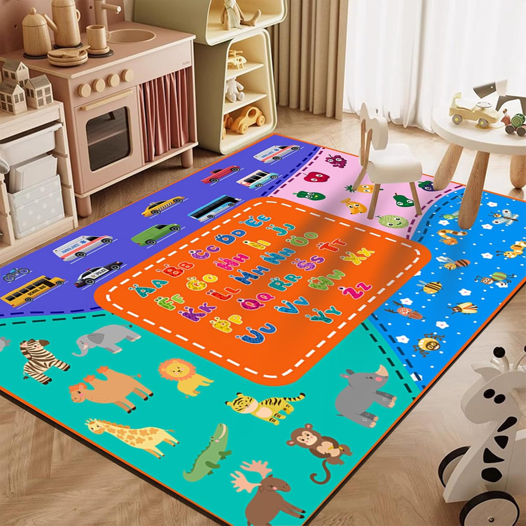 Cartoon Colorful Printed Kids Rug, 6x8ft, Learning Playing Multi-Functional Nursery Carpet, with Non Slip Backing Non Slip Rugs, Cozy Fade Resistant Playing Mat for Bedroom Living Room