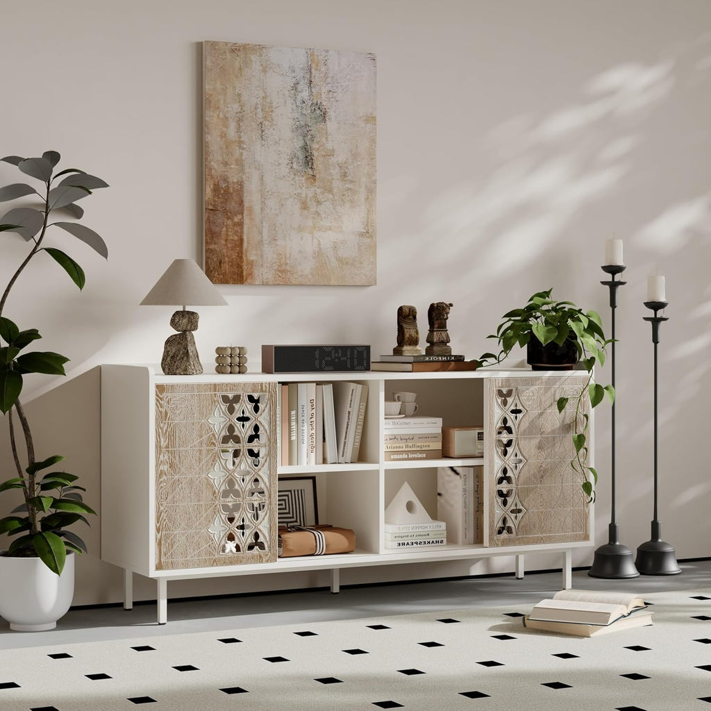59' Rustic Solid Wood Freestanding Storage Cabinet, Kitchen Storage Bakers Rack with Sliding Doors, Utility Food Cupboard with Ample Storage for Living Room and Kitchen, White+Vintage