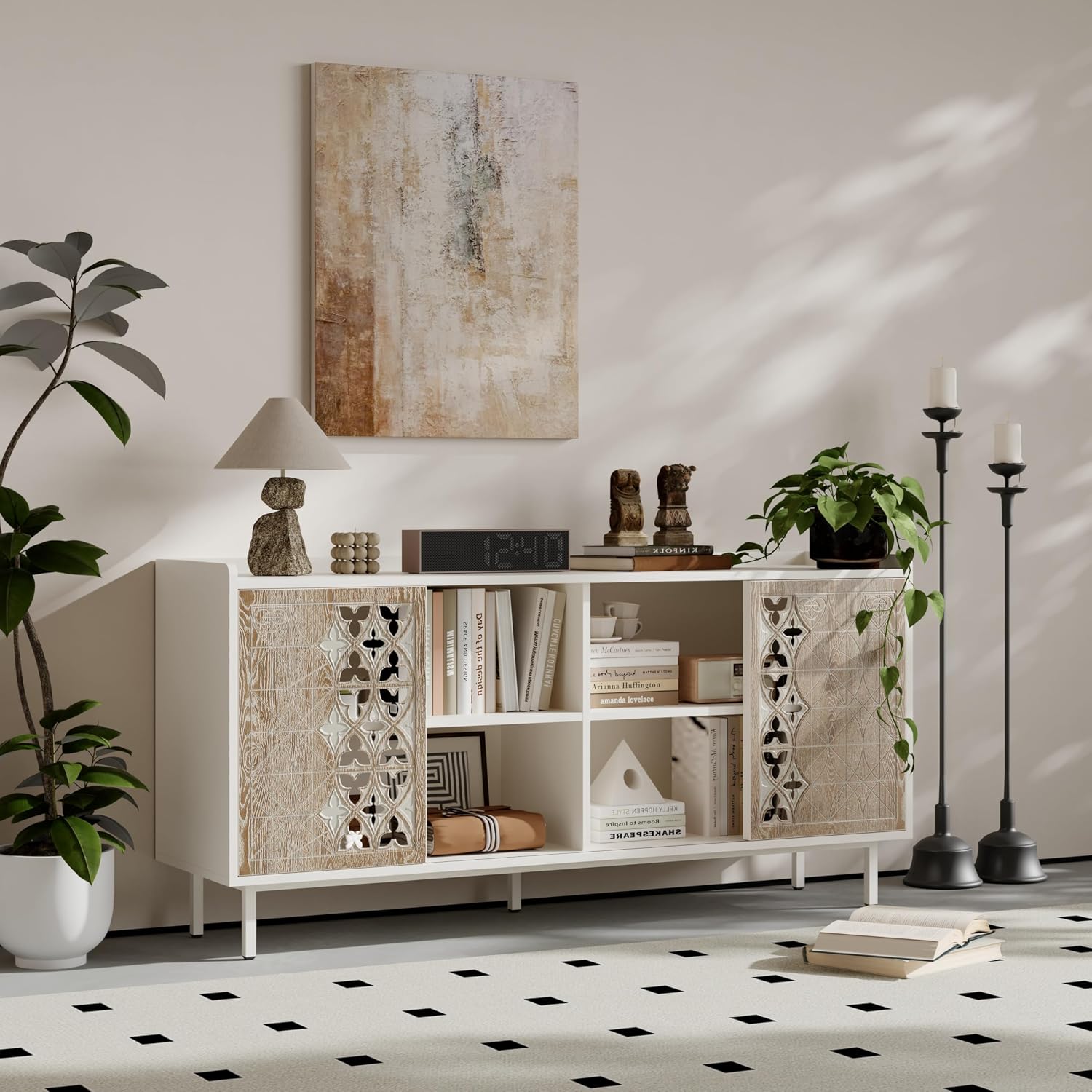 59' Rustic Solid Wood Freestanding Storage Cabinet, Kitchen Storage Bakers Rack with Sliding Doors, Utility Food Cupboard with Ample Storage for Living Room and Kitchen, White+Vintage