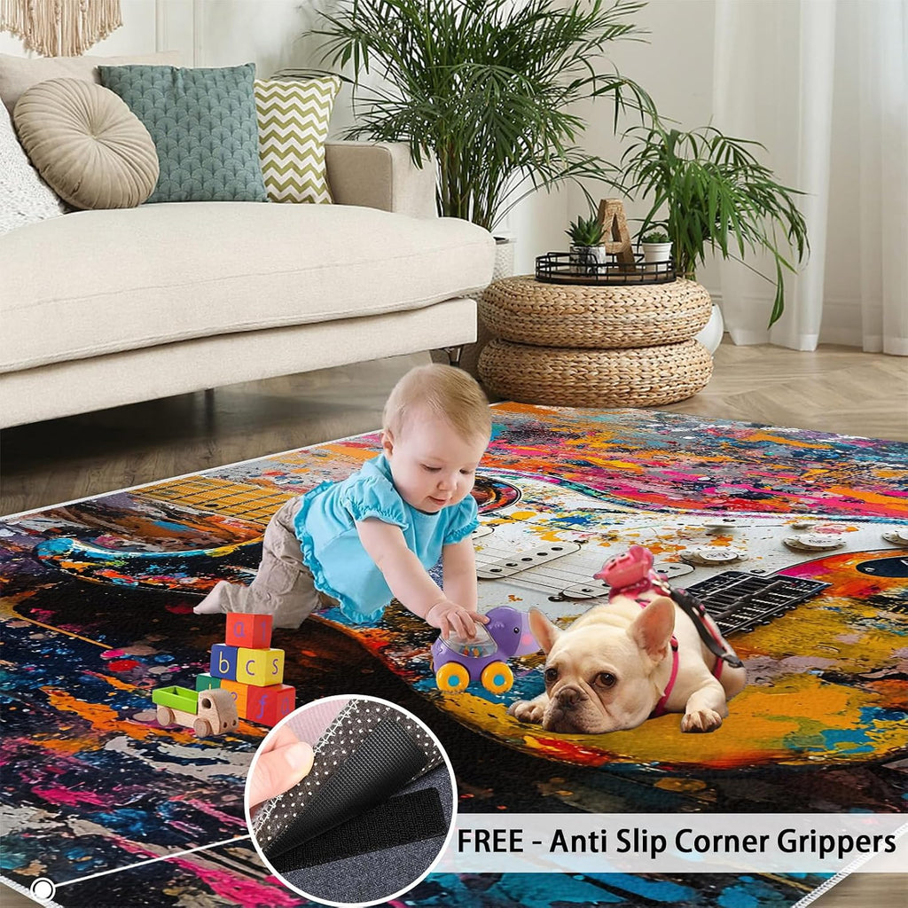 Street Graffiti Area Rug 6x8 - Electric Guitar Large Rugs for Living Room, Pop Abstract Art Carpet Area Rug for Girls Bedroom Kids Room Basement Office Classroom