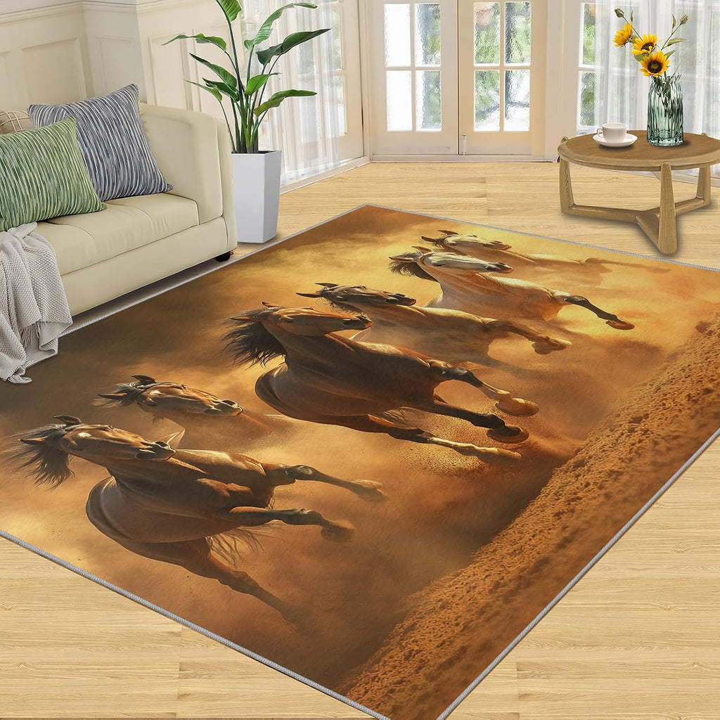 Galloping Horse Rugs for Bedroom, Galloping Horse Rug 6x8, Retro Animals Dining Room Rugs Washable & Non Slip Large Carpet for Home Decor
