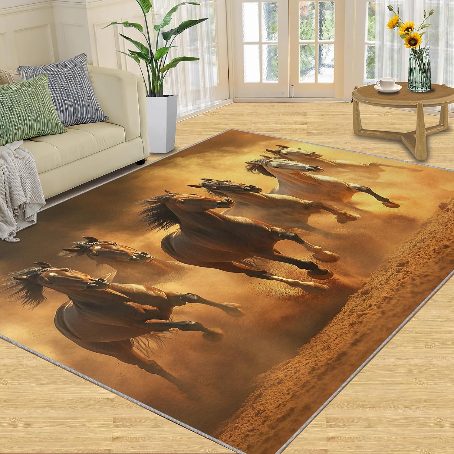 Galloping Horse Rugs for Bedroom, Galloping Horse Rug 6x8, Retro Animals Dining Room Rugs Washable & Non Slip Large Carpet for Home Decor