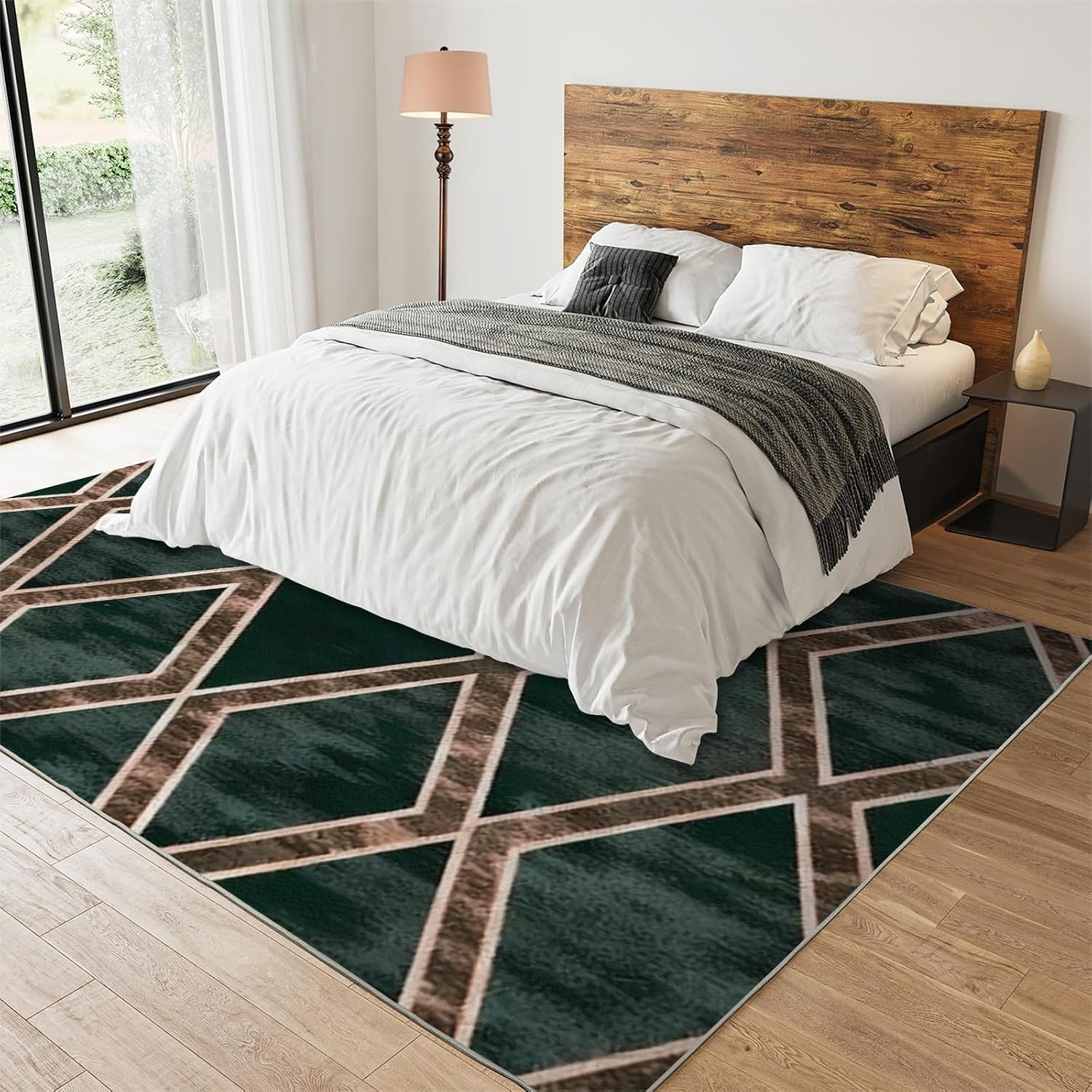 Dark Green Graffiti Texture Area Rug, Golden Line Diamond Stitching Indoor Non-Slip Kids Rugs, Machine Washable Breathable Durable Carpet for Living Dining Dorm Room Bedroom Decor,6 x 8ft