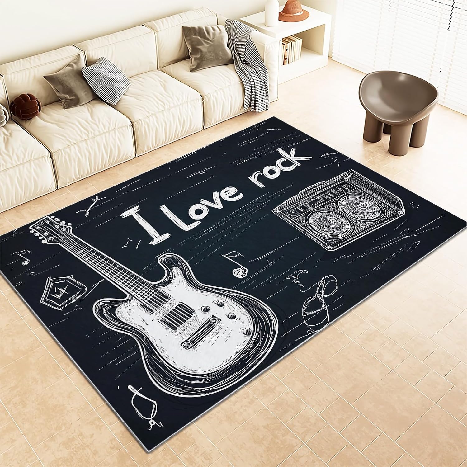 Area Rug Living Room Rugs 5x8 ft Hdrawn Musical Instrument Guitar Ultra Soft Washable Area Rug, Indoor Non-Slip Carpet for Nursery Kids Girls Boys Teen Dorm Home Office Decor