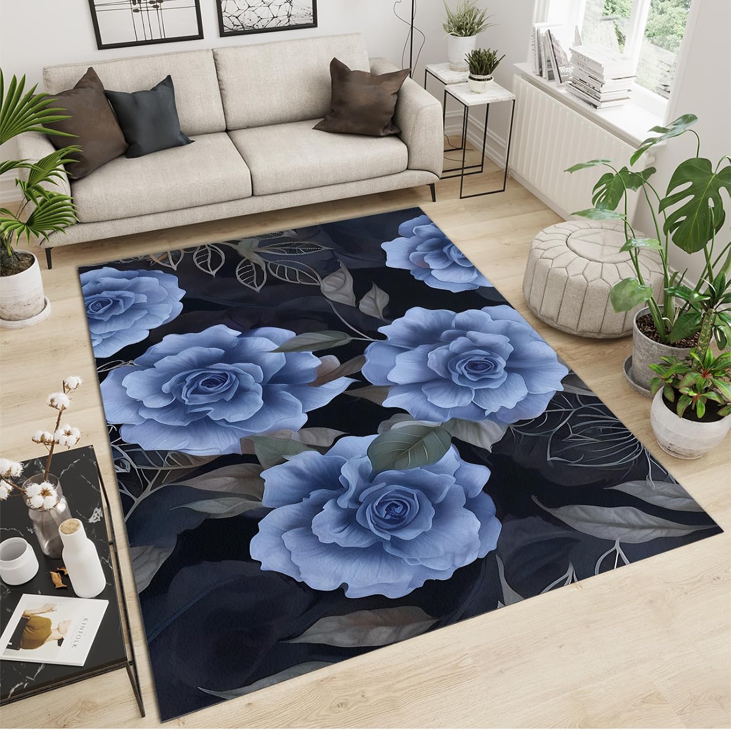 Blue Roses Black Leaves Area Rug, Modern Light Luxury Indoor Non-Slip Kids Rugs, Machine Washable Breathable Durable Carpet for Room Sofa Living Room Mat Bedroom Home Decor Floor Mats,6 x 8ft