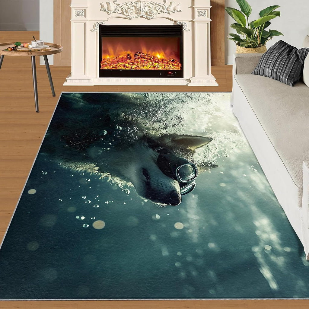 Corgi Rug 6x8, Swimming Dogs Rugs for Living Room, Underwater Dog Rugs for Bedroom, Non Slip Washable Area Rug, Low Pile Carpet for Hardwood Floors