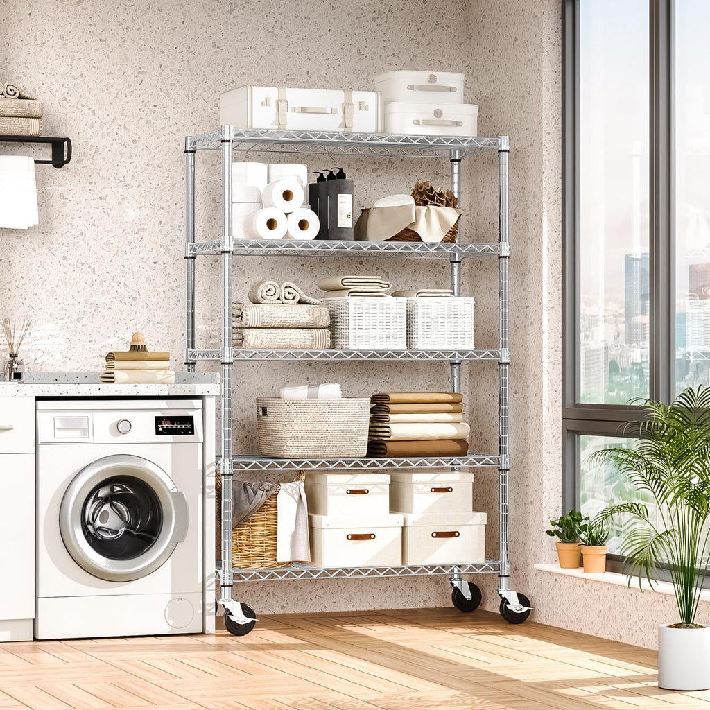 M MZG 5-Shelf Storage Shelves,Wire Shelving Heavy Duty Metal Storage Shelving Unit Adjustable Garage Shelving Rack Pantry Kitchen (Chrome, 5 Tier,17.7' D x 47.2' W x 76.7' H)