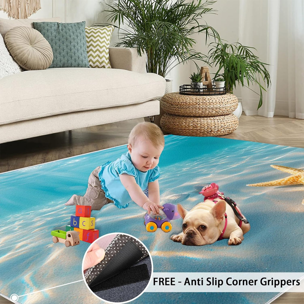 Coastal Starfish Rugs for Bedroom - 6x8 Rug, Nautical Coastal Area Rugs for Living Room, Underwater Carpet, Ocean Washable Area Mat, Tropical Sea Carpet, Beach Home Decor & Gifts