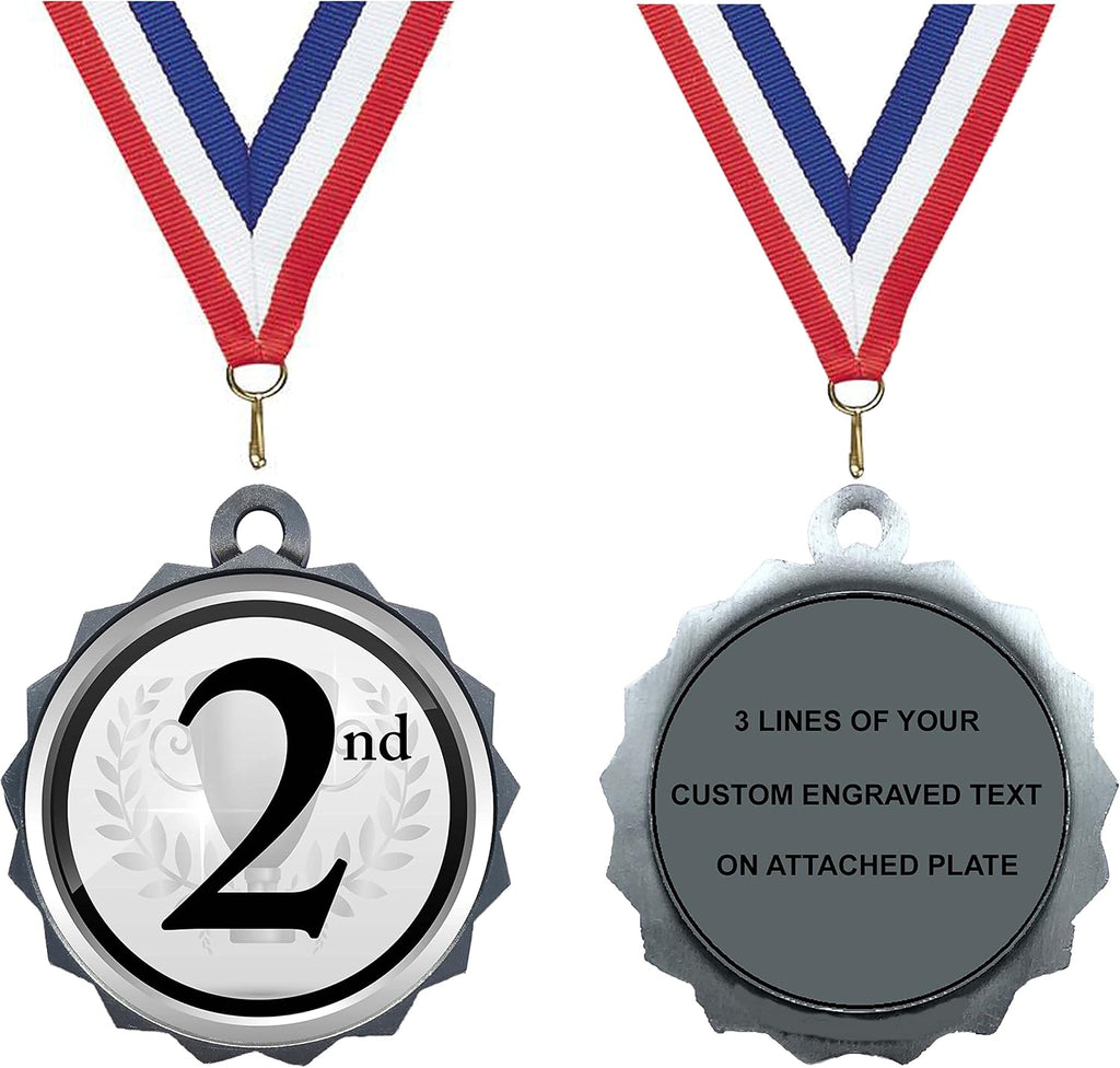 Express Medals 1 to 50 Packs of Engraved 2nd Place Silver Medal Trophy Award with Neck Ribbon & Attached Engraved Plate on Back LAZD214-EG302
