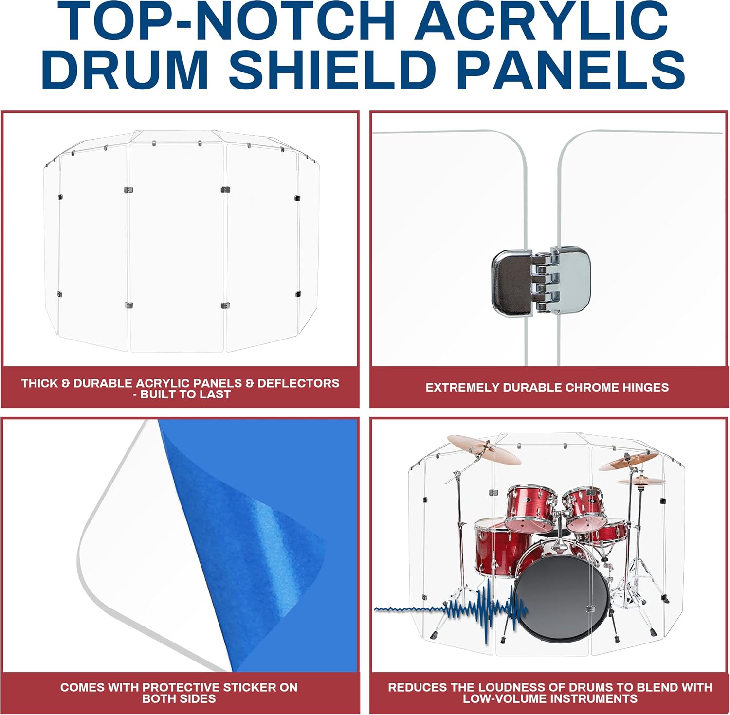 PENNZONI Drum Shield 4ft w/Deflectors & Chrome Hinges, Comes w/ 5 Drum Panels, 5 Deflectors, Chrome Hinges & Deflector Connectors, Premium Clear Acrylic Panels