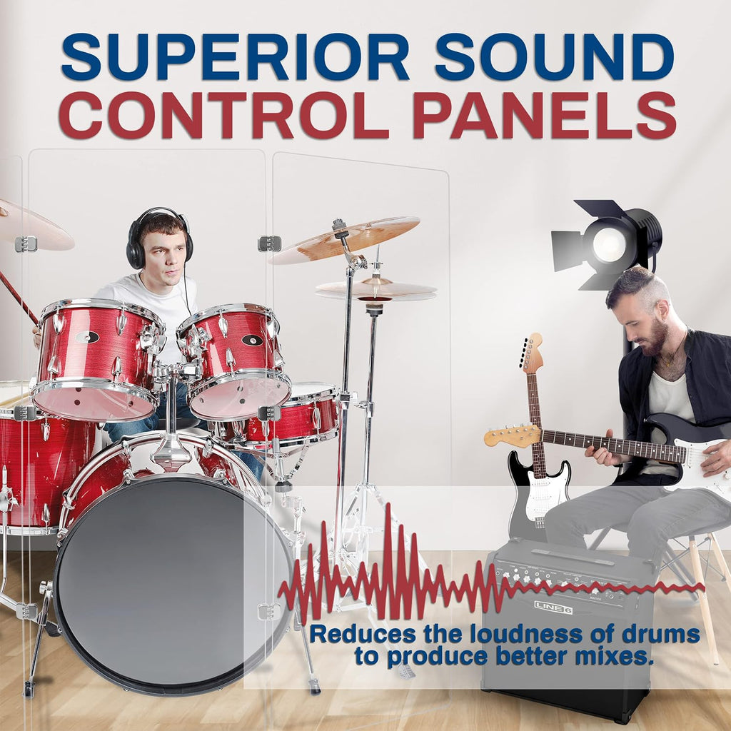 PENNZONI Drum Shield 6ft w/Chrome Hinges, Comes w/ 4 Drum Panels, & 9 Chrome Hinges, Premium Clear Acrylic Panels, Drum Screen