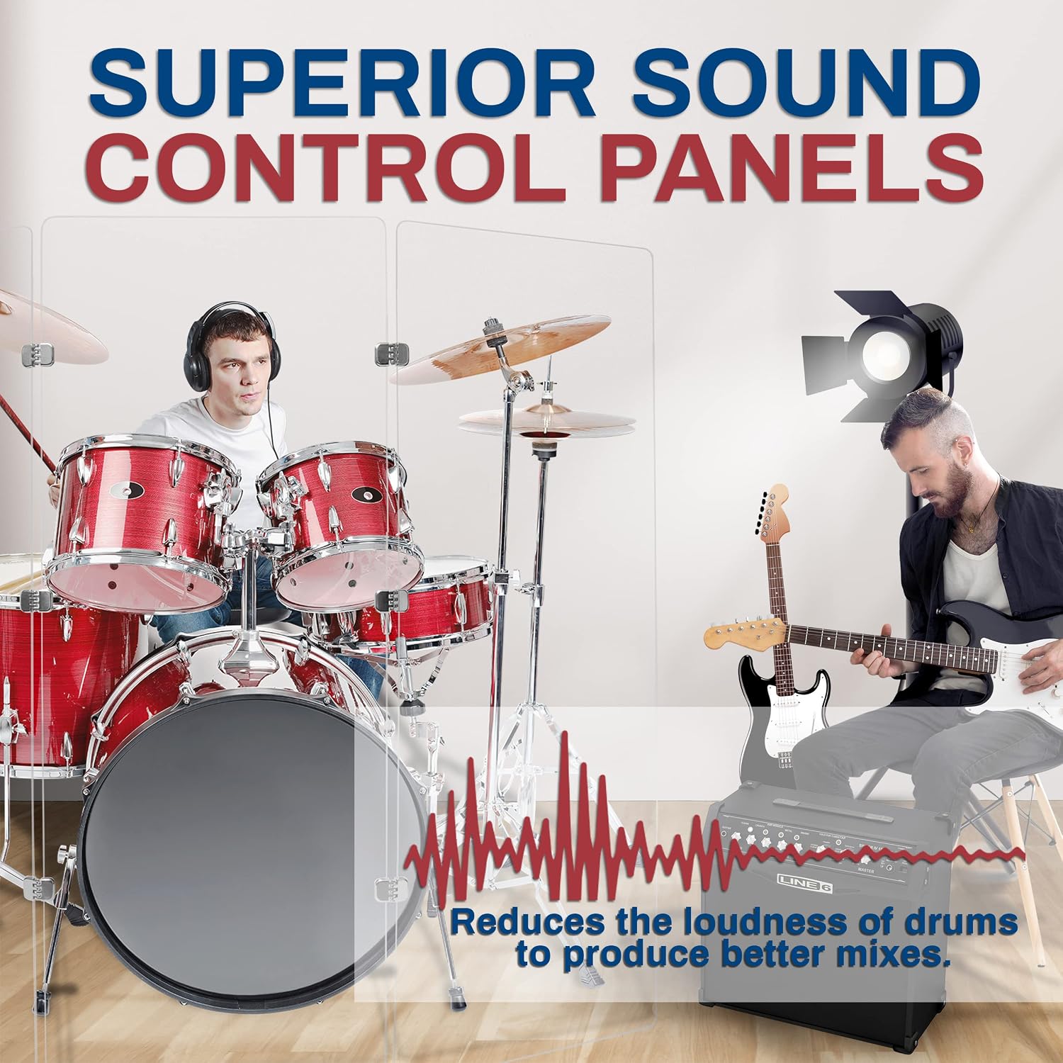 PENNZONI Drum Shield 6ft w/Chrome Hinges, Comes w/ 4 Drum Panels, & 9 Chrome Hinges, Premium Clear Acrylic Panels, Drum Screen