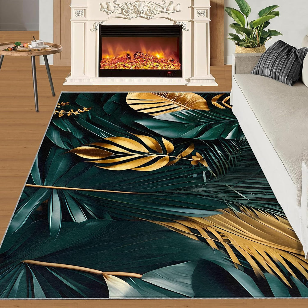 6x8 Rug Green Gold Leaves Art Non-Slip Kids Rug, Tropical Palm Leaves Upholstery Rug with Non-Slip Backing for Kids Boys Girls Bedroom Living Room Dining Room Study