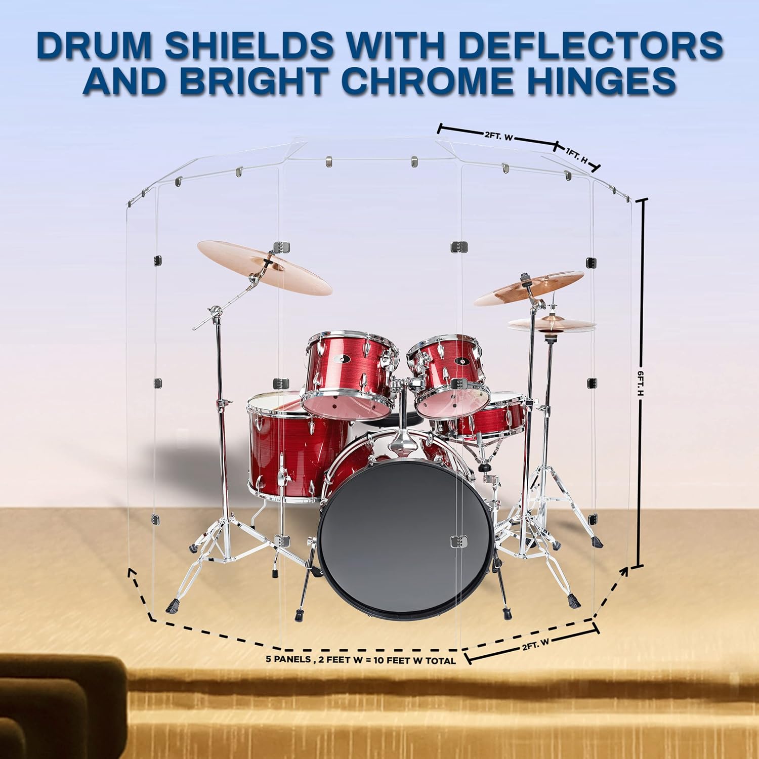PENNZONI Drum Shield 6ft w/Deflectors & Chrome Hinges, Comes w/ 5 Drum Panels, 5 Deflectors, Chrome Hinges & Deflector Connectors, Premium Clear Acrylic Panels