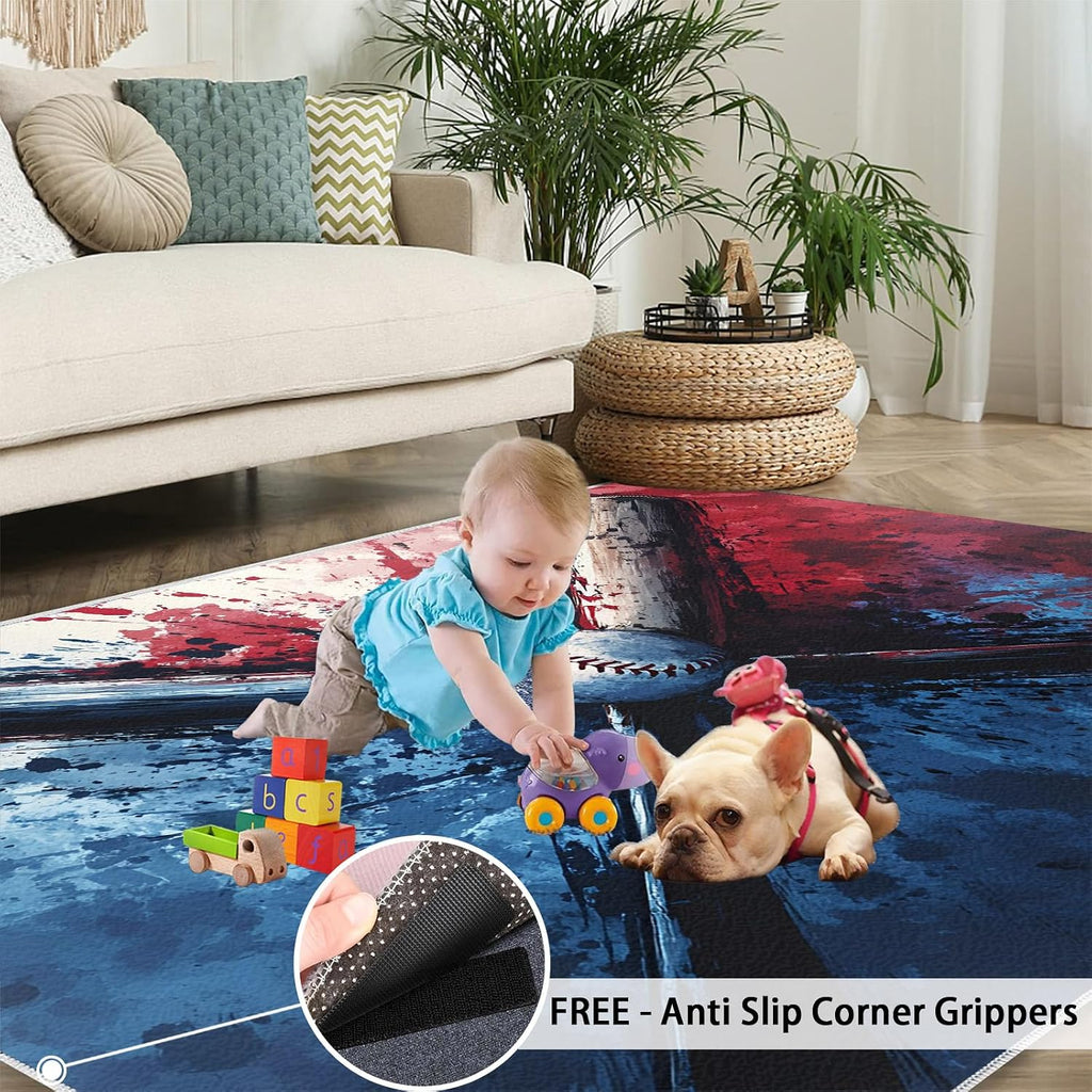 Baseball Rugs for Bedroom, Baseball Bat Graffiti Rug 6x8, Children's Sports Dining Room Rugs Washable & Non Slip Large Carpet for Home Decor