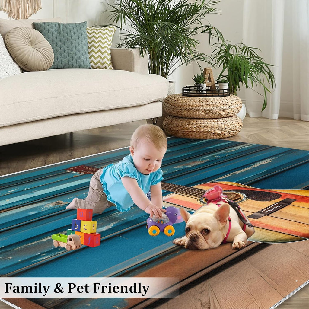 Area Rug 6x8ft, Musical Instruments Guitar Rugs for Living Room, Music Theme Home Bedroom Rug, Machine Washable Breathable Durable Indoor Carpet for Bedside Porch Entryway Office