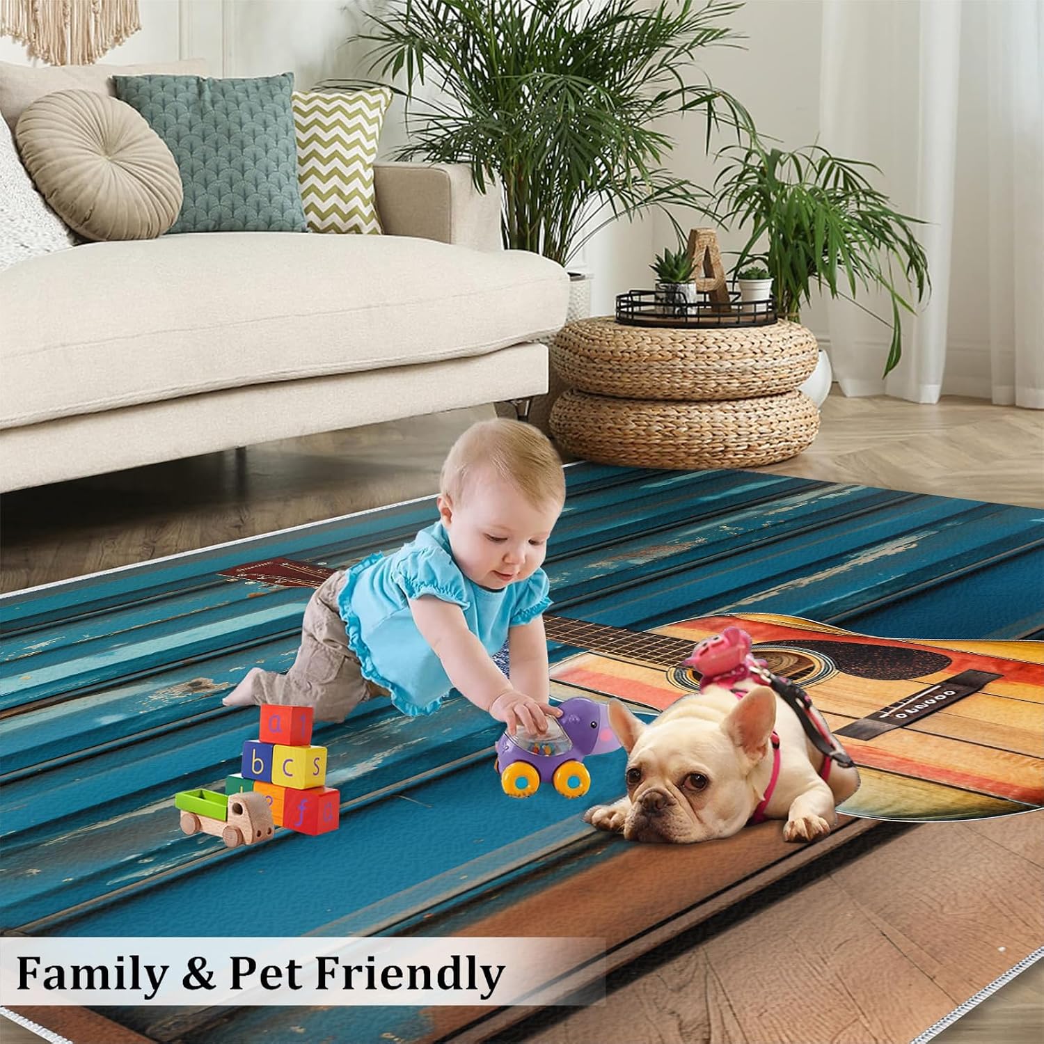 Area Rug 6x8ft, Musical Instruments Guitar Rugs for Living Room, Music Theme Home Bedroom Rug, Machine Washable Breathable Durable Indoor Carpet for Bedside Porch Entryway Office