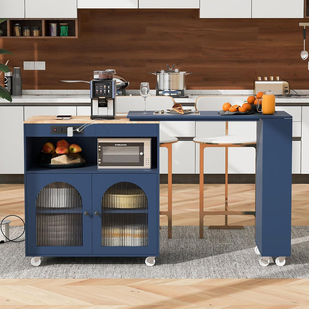 Merax Kitchen Island with Extended Table, Rolling Kitchen Islands Cart with LED Lights, Power Outlets, 2 Fluted Glass Doors, Storage Compartment, and Side 3 Open Shelves (Navy Blue)