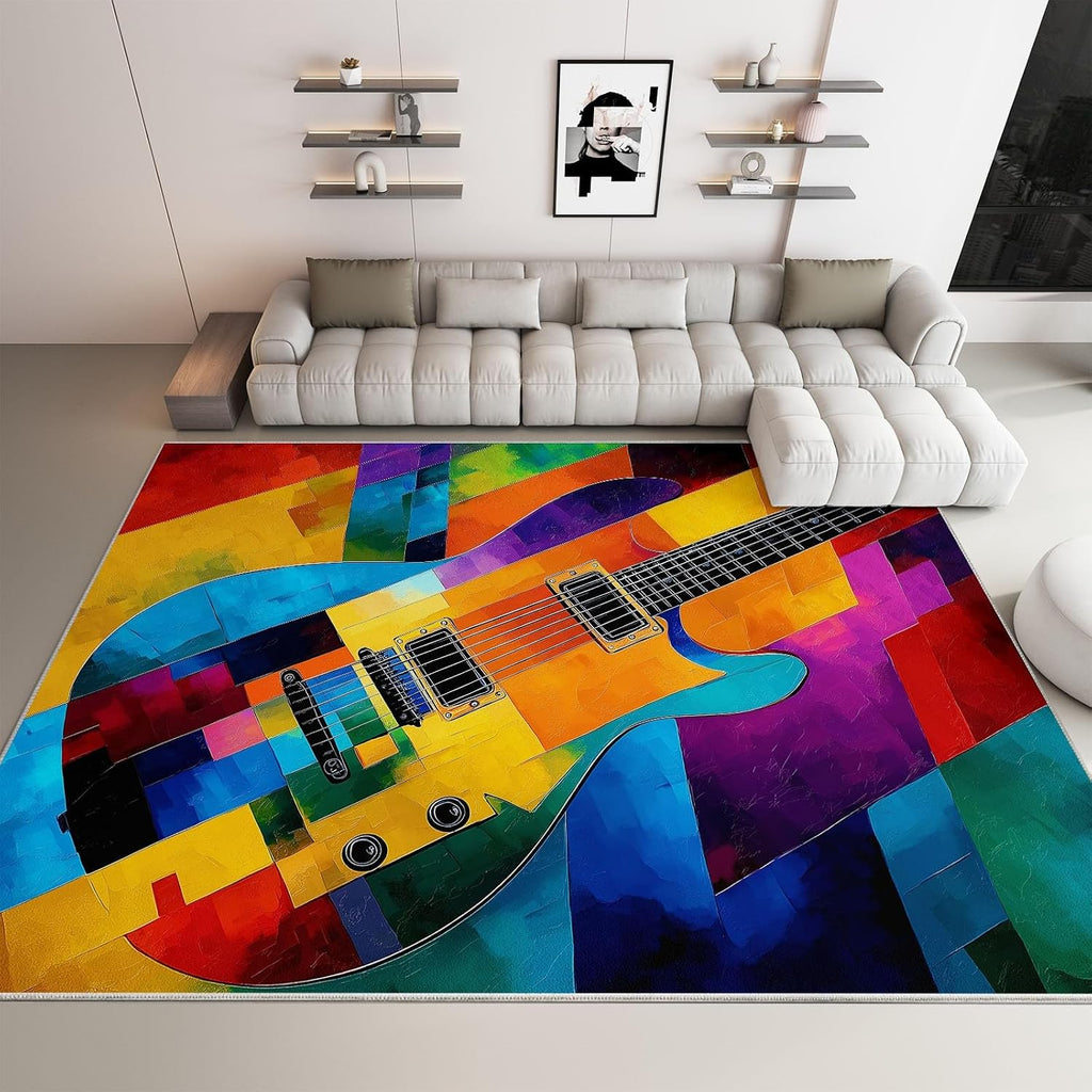 Area Rug 5x7 ft Abstract Colorful Guitar Living Room Rugs Non-Slip Carpet Large Soft Indoor Washable Rug for Bedroom Dining Room Playroom Nursery Home Decor Floor Mat