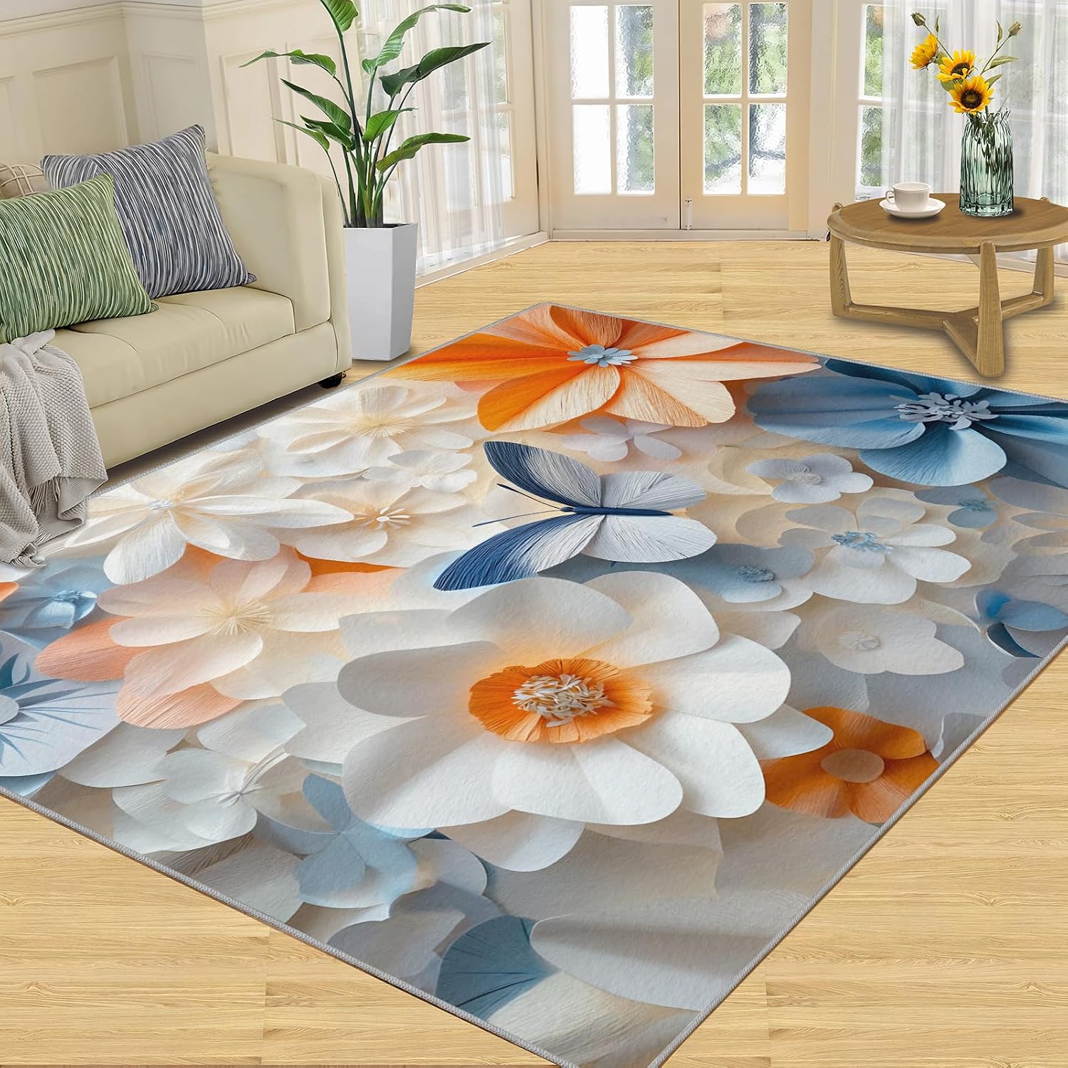 Flowers Rug 6x8, Butterfly Rugs for Bedroom, Relief Flowers Rugs for Living Room, Washable Area Rug for Boys Girls Room, Non Slip & Low Pile Carpet