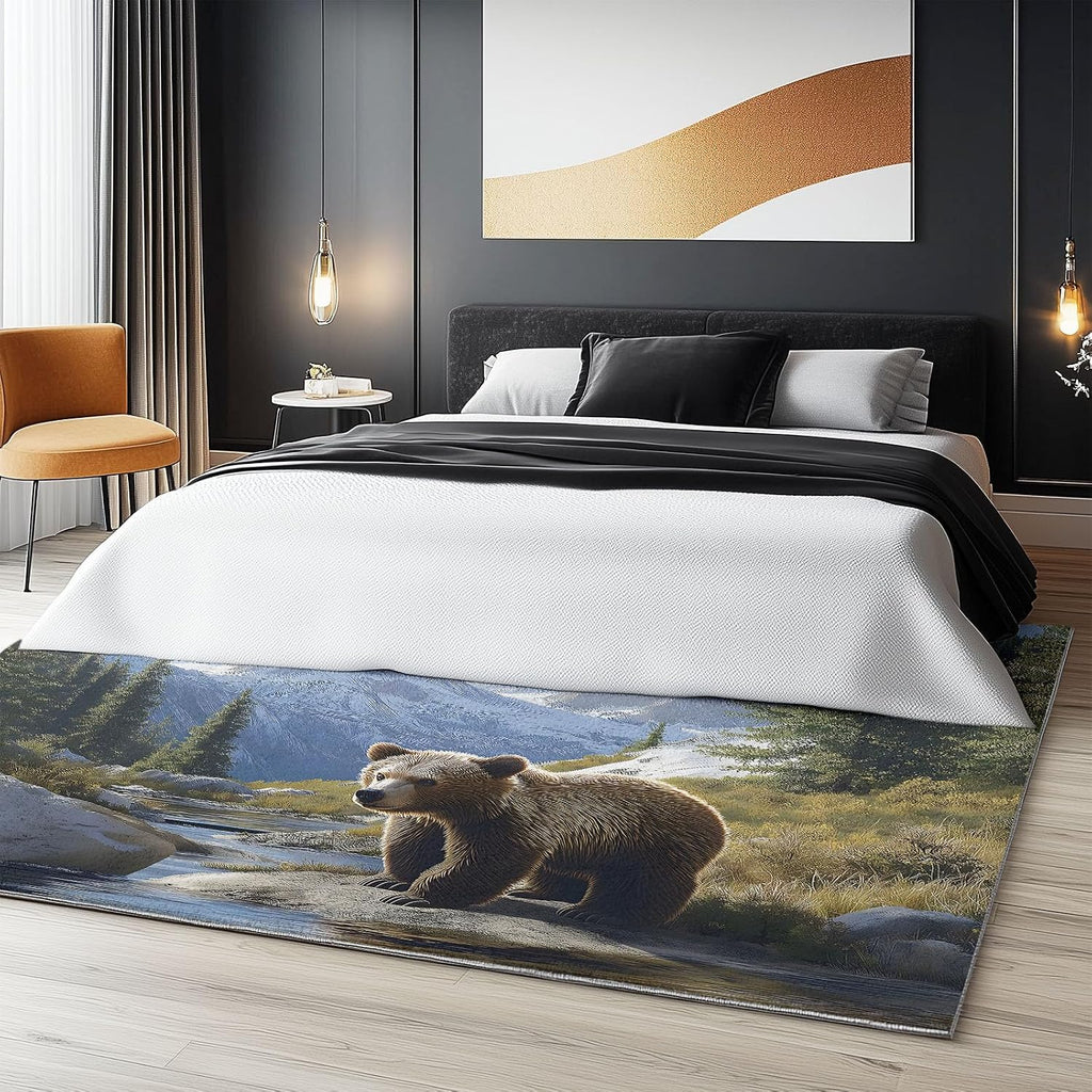Throw Area Rugs Machine Washable, Living Room 6 x 8 ft Bedroom Anti-Slip Rug, Kitchen Laundry Room Hallway Porch for Home Decor, Low-Pile Soft Animal Brown Bear Cub Carpet Multicolor