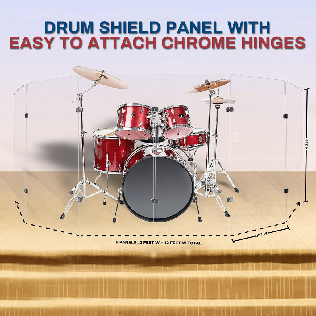 PENNZONI Drum Shield 4ft w/Chrome Hinges, Comes w/ 6 Drum Panels, & 10 Chrome Hinges, Premium Clear Acrylic Panels, Drum Screen