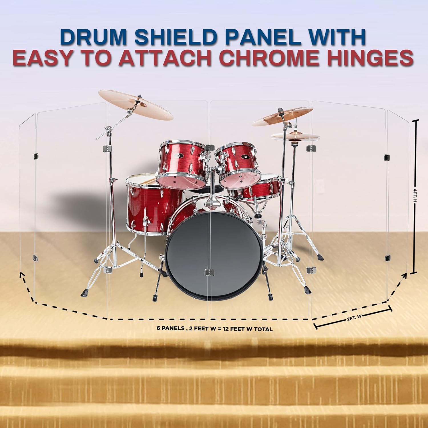 PENNZONI Drum Shield 4ft w/Chrome Hinges, Comes w/ 6 Drum Panels, & 10 Chrome Hinges, Premium Clear Acrylic Panels, Drum Screen