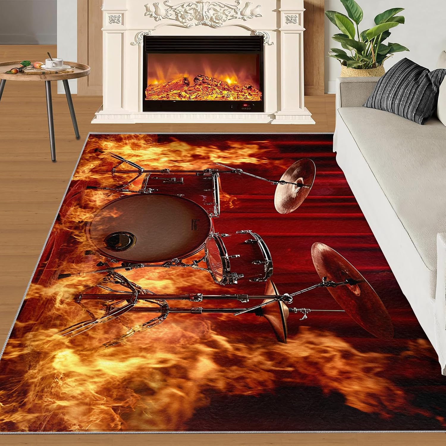 Drum Set Rugs for Bedroom - 6x8 Rug, Passion Rock Area Rugs for Living Room, Flame Carpet, Musical Instrument Washable Area Mat, Boys Room Carpet, Drums Home Decor