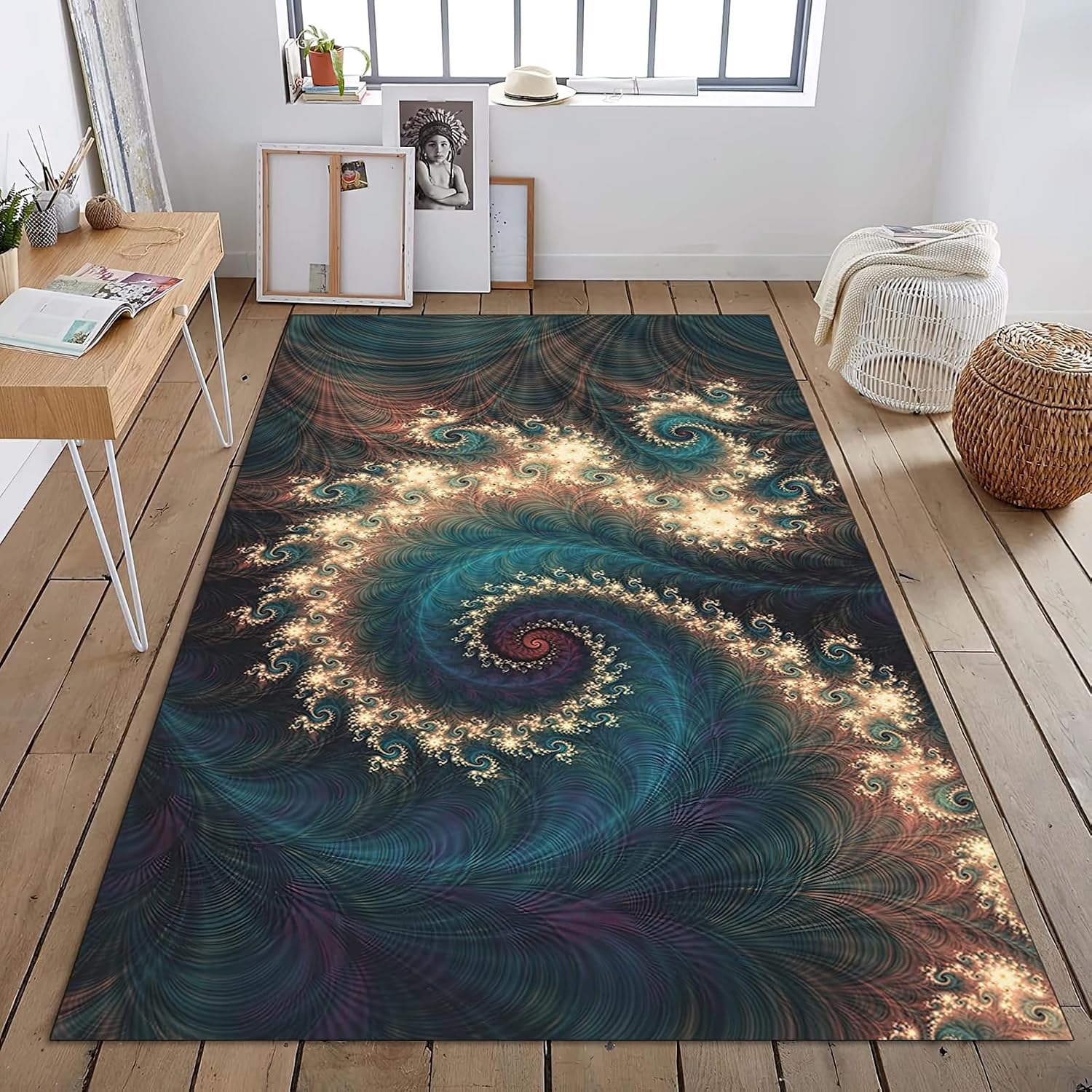 Abstract Blue Feather Area Rug, Modern Peacock Feather Swirl Indoor Non Slip Large Area Rugs, Machine Washable Breathable Durable Carpet for Room Sofa Living Room Home Decor - 5 ft x 7 ft