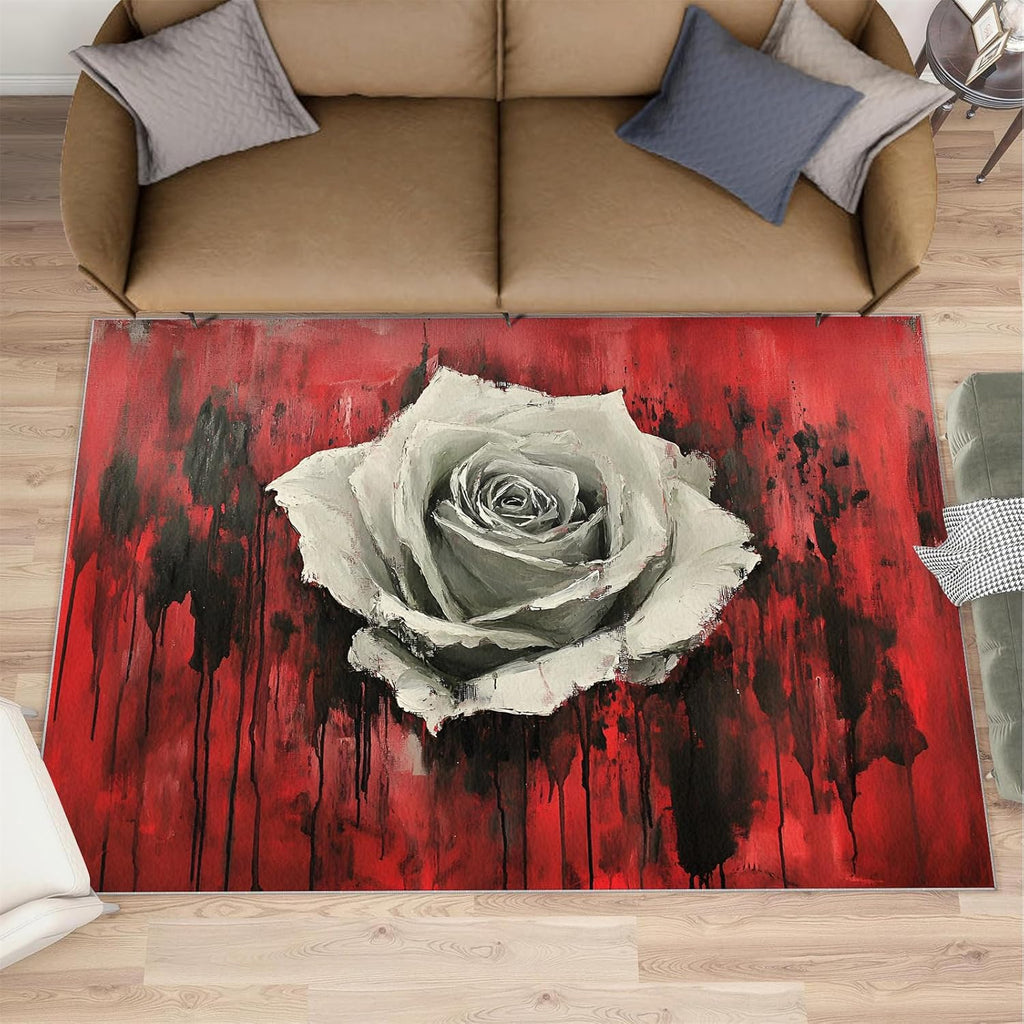 Rose Rug 6x8-6x8 Rug, Black and Red Rose Area Rugs for Living Room Bedroom, Abstract Area Rugs, Gothic Washable Carpet, Halloween Carpet, Floral Home Decor & Gifts