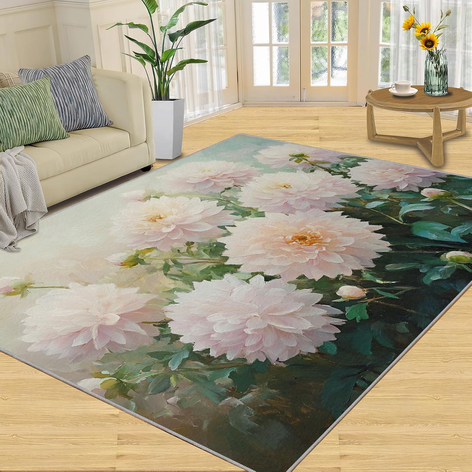 Hydrangea Area Rug 6x8, Flowers Rugs for Living Room, Retro Floral Rug for Bedroom, Machine Washable Rugs for Kitchen Dining, Home Decor Carpet