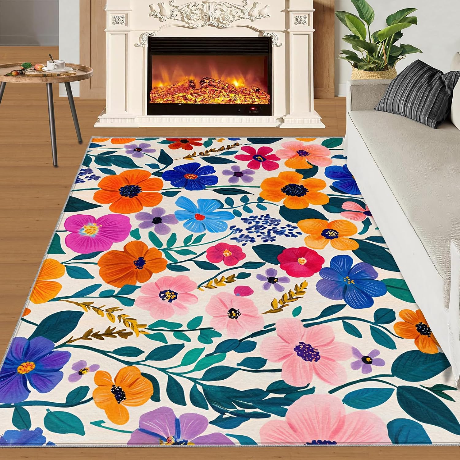 Colorful Florals Rug 6x8 - Simple Florals Large Rugs for Living Room, 1970s Flowers Carpet Area Rug for Girls Bedroom Kids Room Basement Office Classroom