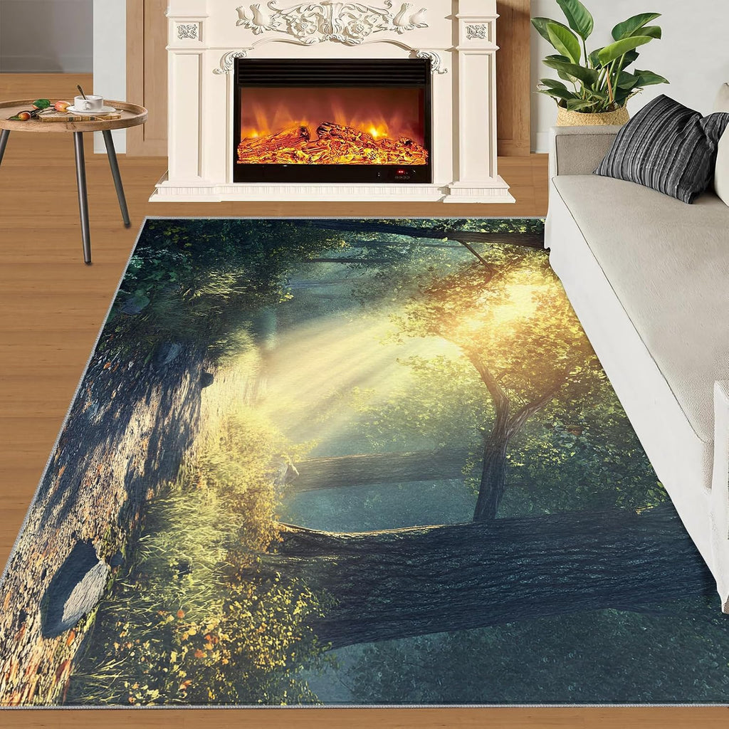 Forest Rugs for Bedroom, Forest Trail Rug 6x8, Natural Scenery Dining Room Rugs Washable & Non Slip Large Carpet for Home Decor