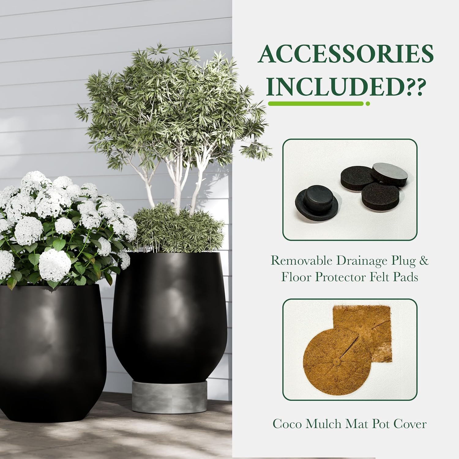 DTY Premium Mt Wilson Tall Tapered Fiberstone Planter for Indoor Outdoor Use, Modern Large Olive Tree Pot with Drainage Hole, Includes 2 Coco Mats. Black, Large 20.1'' D x 21.9'' H. 15.4' Pot Opening