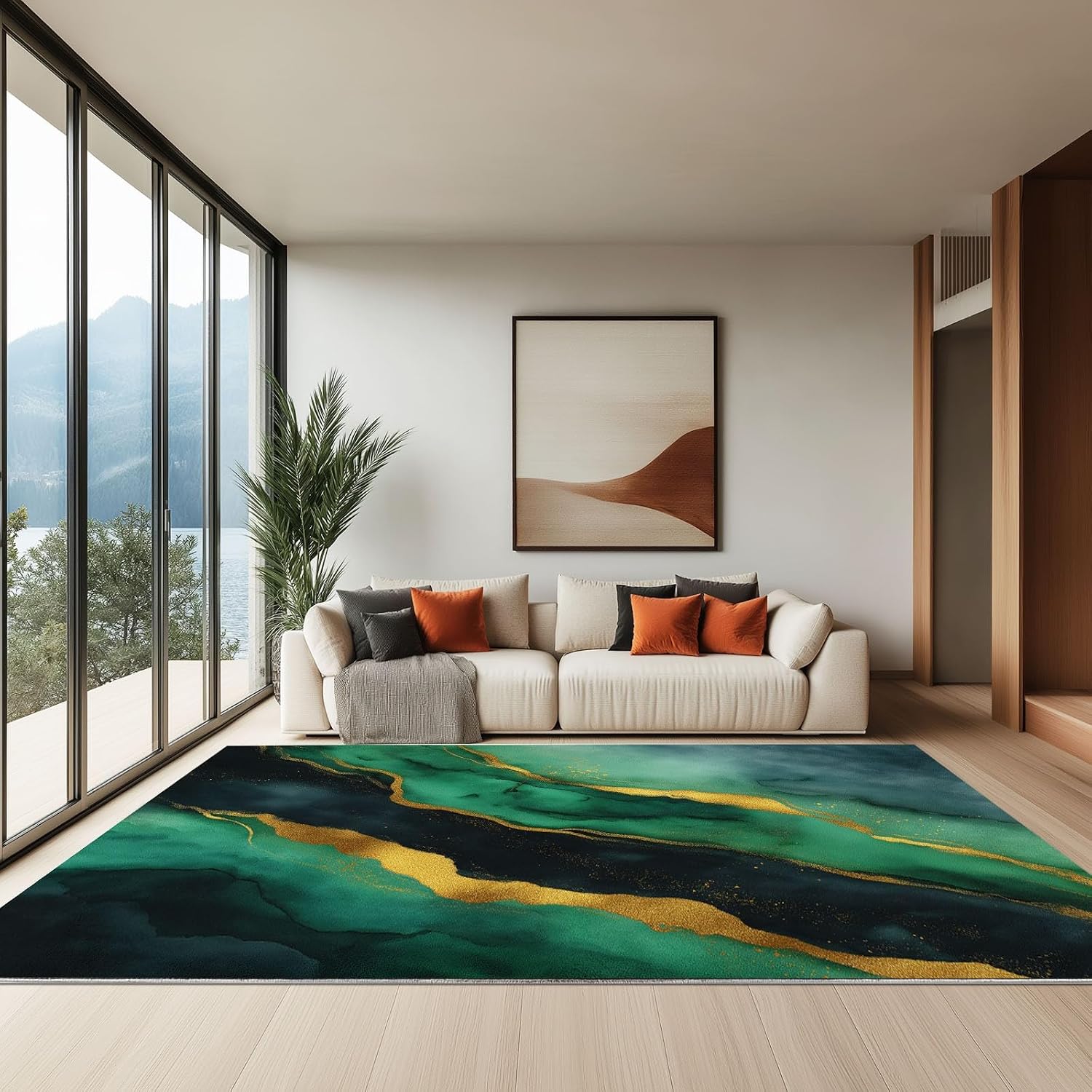 Washable Area Rugs 6' x 8' Non-Slip Watercolor Art Soft Rug, Low Pile Machine Washable Carpet for Living Room Entryway Bedroom Nursery Malachite Marble Stripes Print Pattern Carpet
