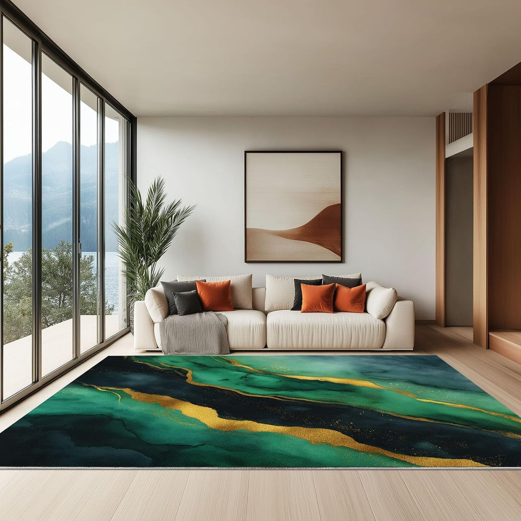 Washable Area Rugs 5' x 7' Non-Slip Watercolor Art Soft Rug, Low Pile Machine Washable Carpet for Living Room Entryway Bedroom Nursery Malachite Marble Stripes Print Pattern Carpet