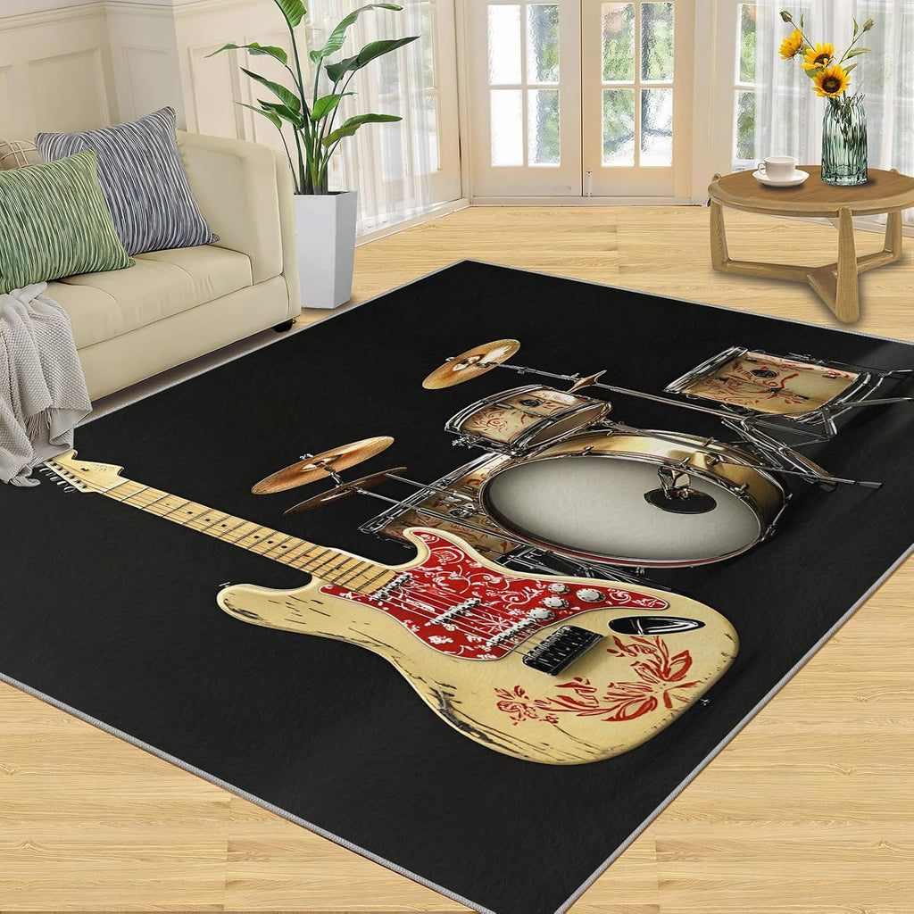 Music Area Rug Large - 5x7 Rug, Guitar Rugs for Living Room, Drum Set Carpet, Acoustic Guitar Washable Area Rugs for Bedroom, Boys Room Carpet, Music Home Decor & Gifts