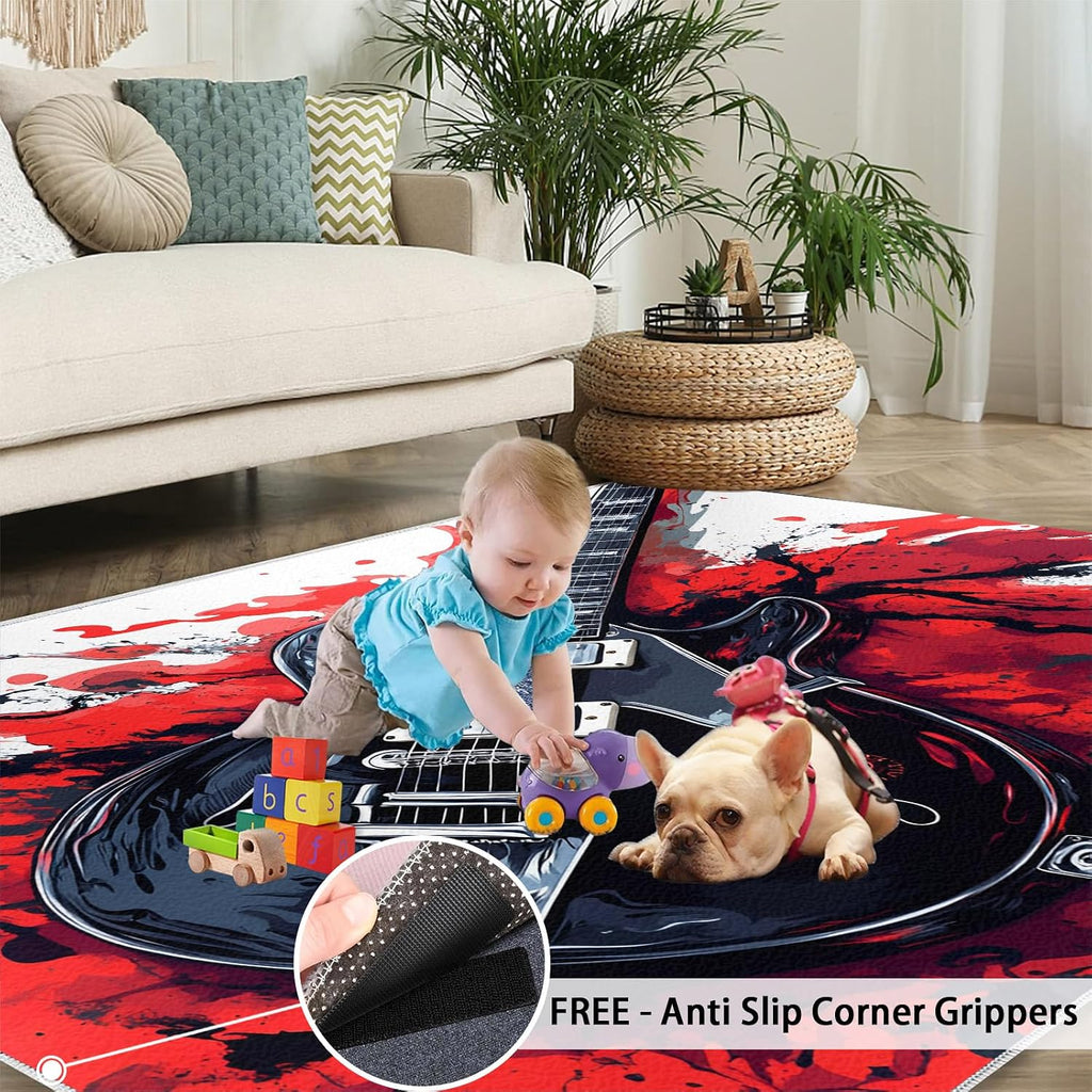 Guitar Rug 6x8-6x8 Rug, Music Area Rugs for Living Room Bedroom, Rock Style Area Rugs, Music Theme Washable Carpet, Modern Carpet, Guitar Home Decor & Gifts