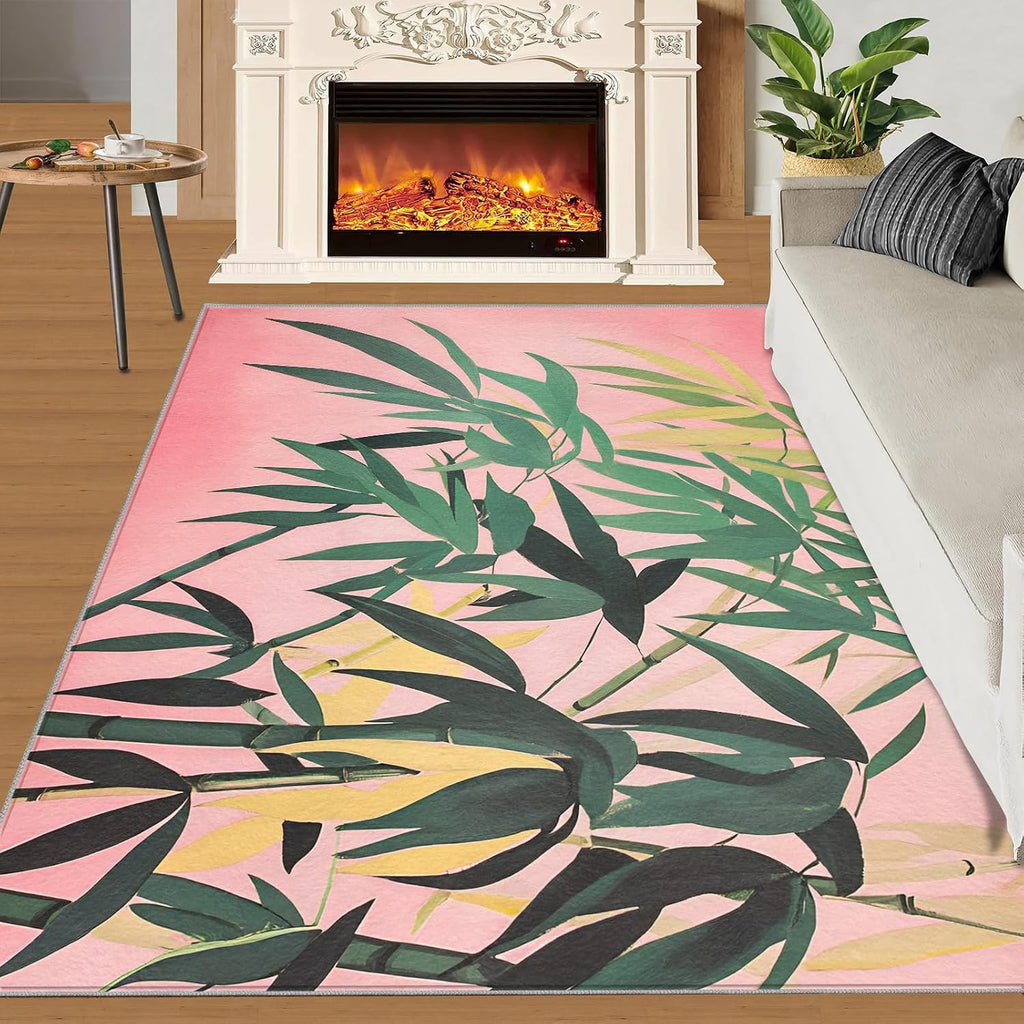 Green Bamboo Rug, Plants Rugs for Bedroom 5x7 Rug, Leaves Area Rug, Rugs for Living Room, Non Slip Washable Carpet for Kids Room Home Decor