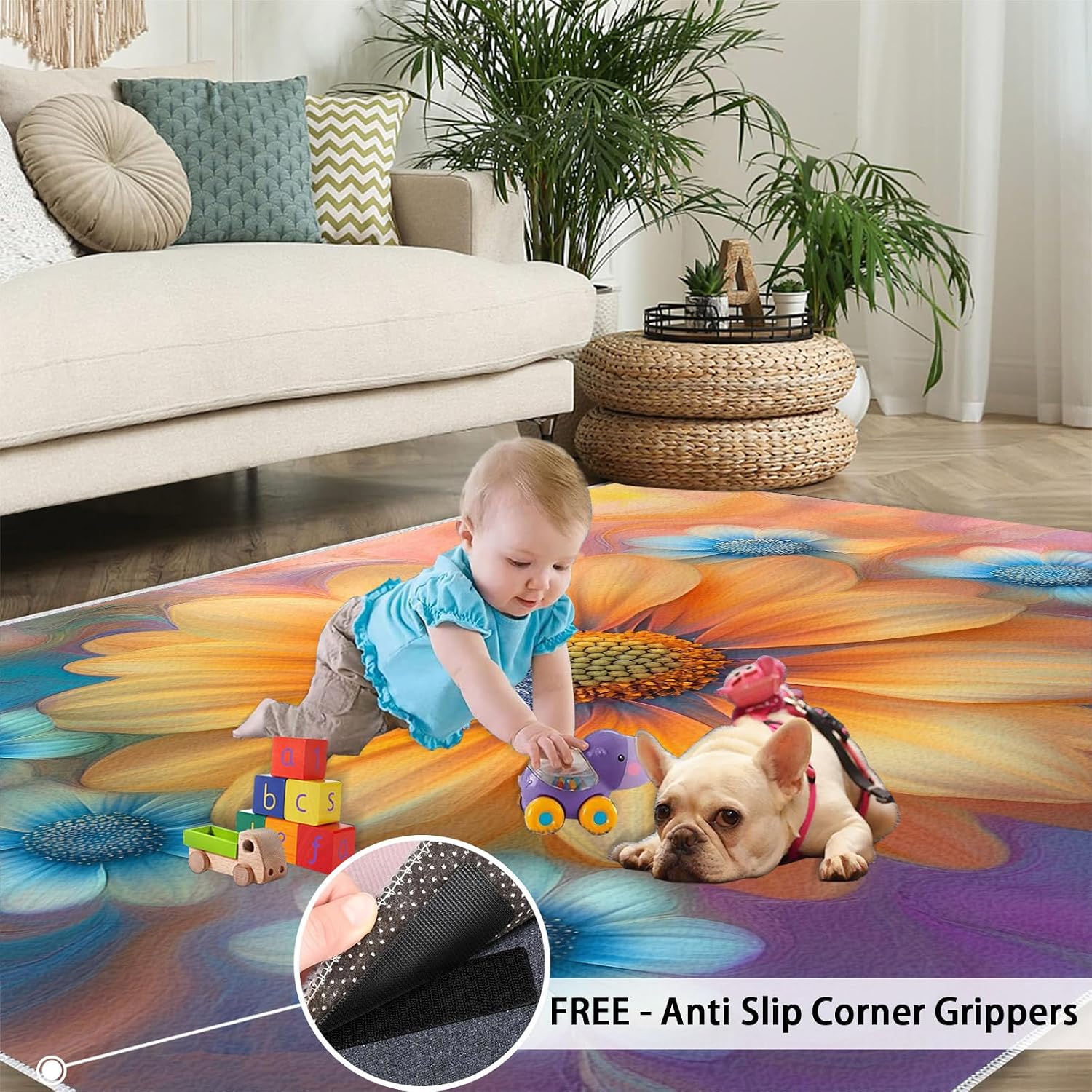 6x8 Florals Area Rug - Abstract Florals Large Rugs for Living Room, Watercolor Flowers Carpet Area Rug for Girls Bedroom Kids Room Basement Office Classroom