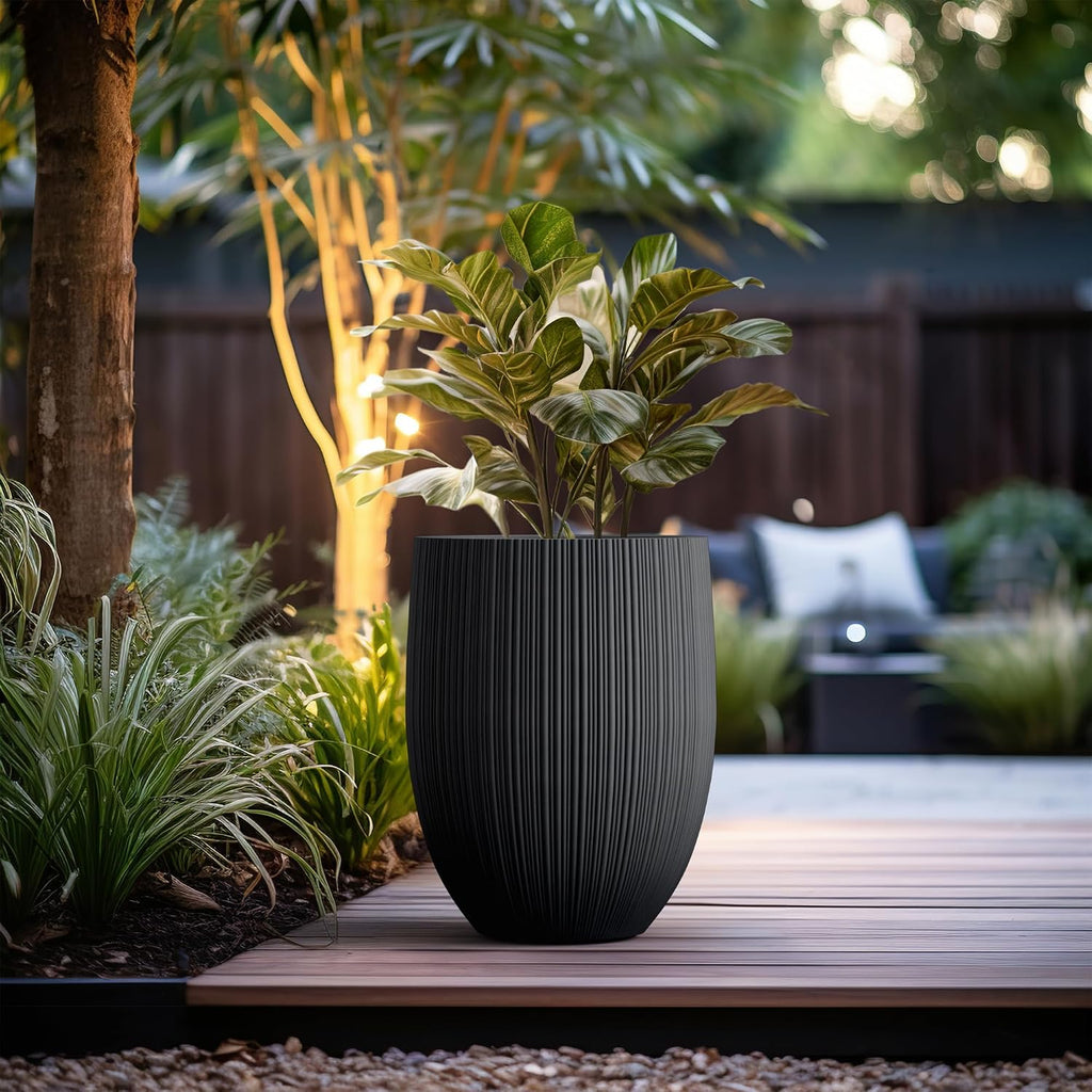 Kante 21.6 Inch Tall Concrete Planter, Large Indoor Outdoor Plant Pot with Drainage, Fluted Black Finish with Painted Interior, Ideal for Porch, Home, Garden, Patio