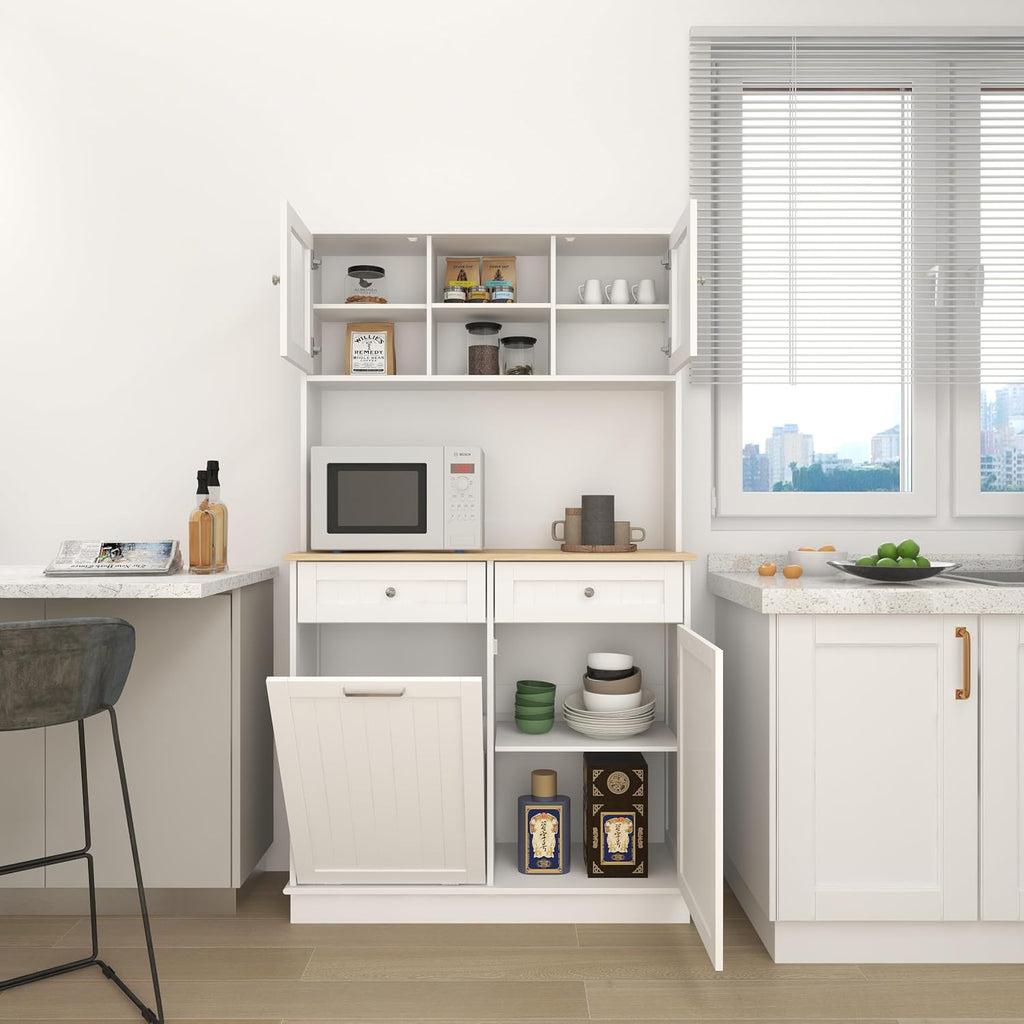 68' 3-Adjustable-Shelf Freestanding Storage Cabinet, Kitchen Storage Bakers Rack with Trash Cabinet, Utility Food Cupboard for Home, White