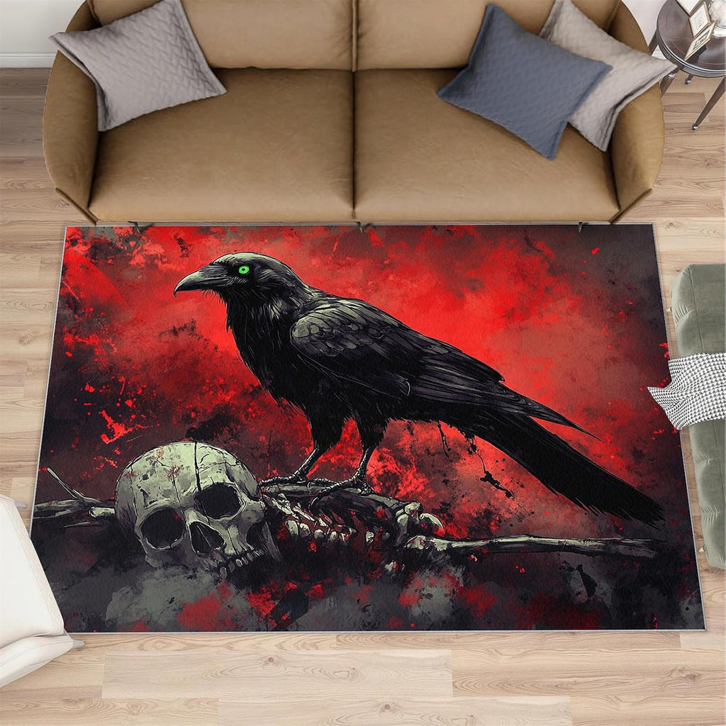 Gothic Skull Crow Rug 6x8-6x8 Rug, Raven Washable Rugs for Living Room, Black and Red Carpet, Halloween Non-Slip Area Rugs for Bedroom, Horror Carpet, Halloween Home Decor