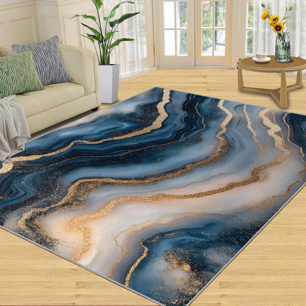 Marble Rugs for Bedroom - 6x8 Rug, Royal Blue Marble Area Rugs for Living Room, Nordic Carpet, Contemporary Washable Area Mat, Atmospheric Carpet, Abstract Home Decor & Gifts