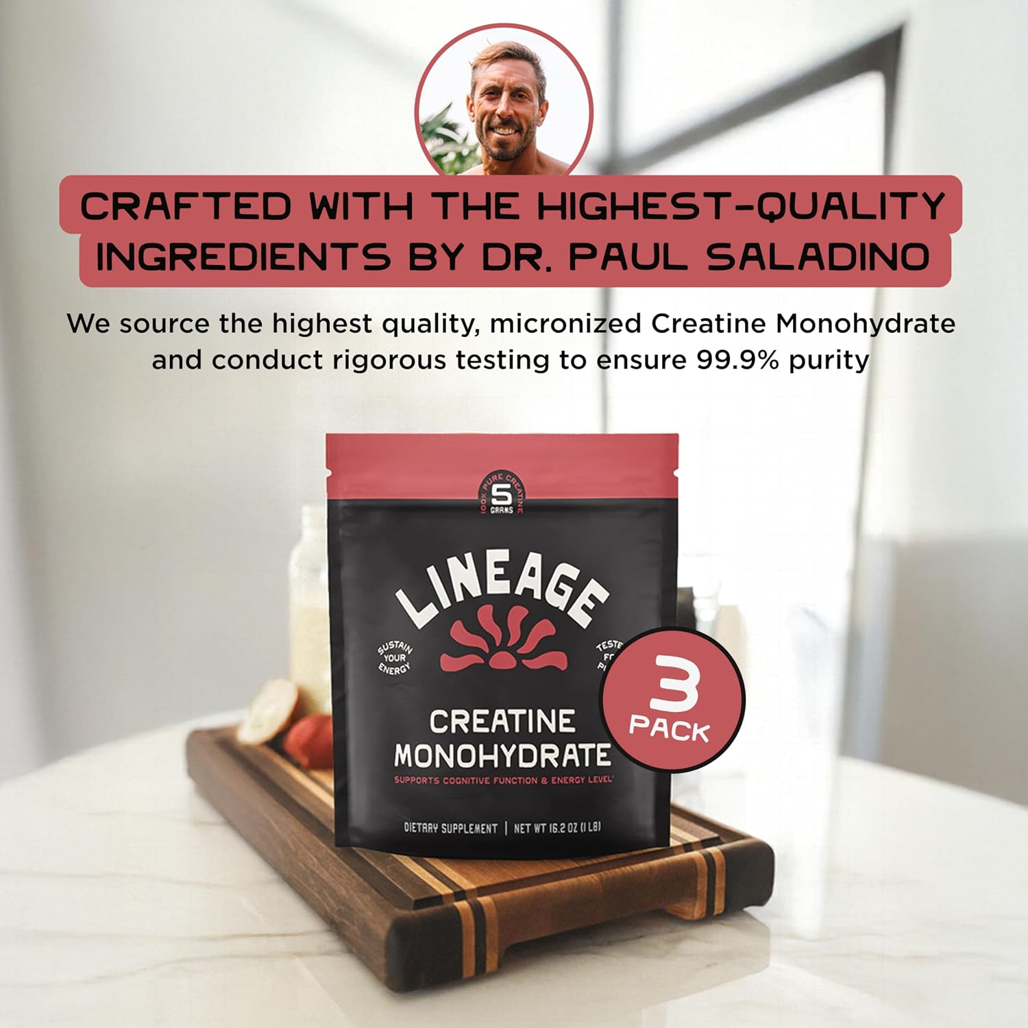 Lineage Provisions Micronized Creatine Monohydrate Powder with Sea Salt – Bulk 3 Pack – Unflavored Creatine Supplement for Men & Women – Easy Mix, 90 Servings Each