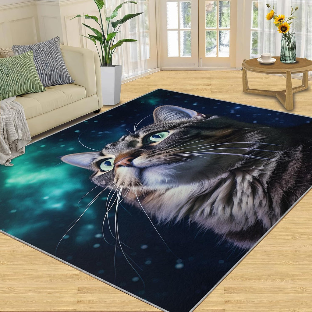 6x8 Rug Starry Sky Cat Area Rugs, Space Cat Soft Washable Carpet, Upholstery Rug with Non-Slip Backing for Kids Boys Girls Bedroom Living Room Dining Room Study