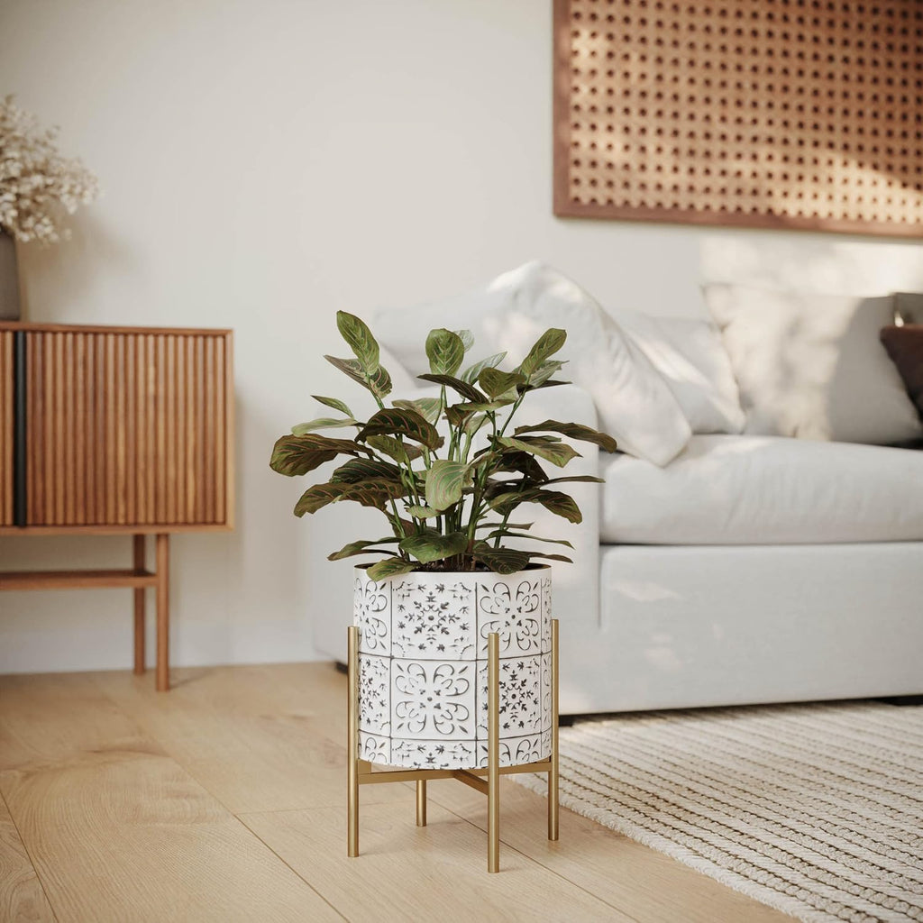 EverNest Tristan White with Black Boho Pattern Plant Pot with Loki Stand, SelectBase Indoor Planter, Neutral Home Decor, Minimalist Artistic Boho Plant Pot (Set of 3, Gold)