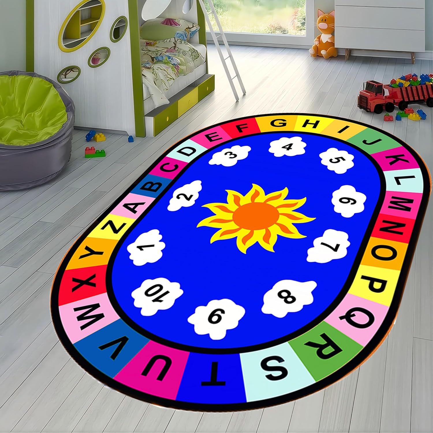 Kids Play Area Rug,6x8ft,ABC Letters and Numbers Colorful Rug, Sunflower Oval Living Room Rug, Baby Toddler Early Crawling Play Non-Slip Rug for Playroom Nursery Kids Bedroom Mat